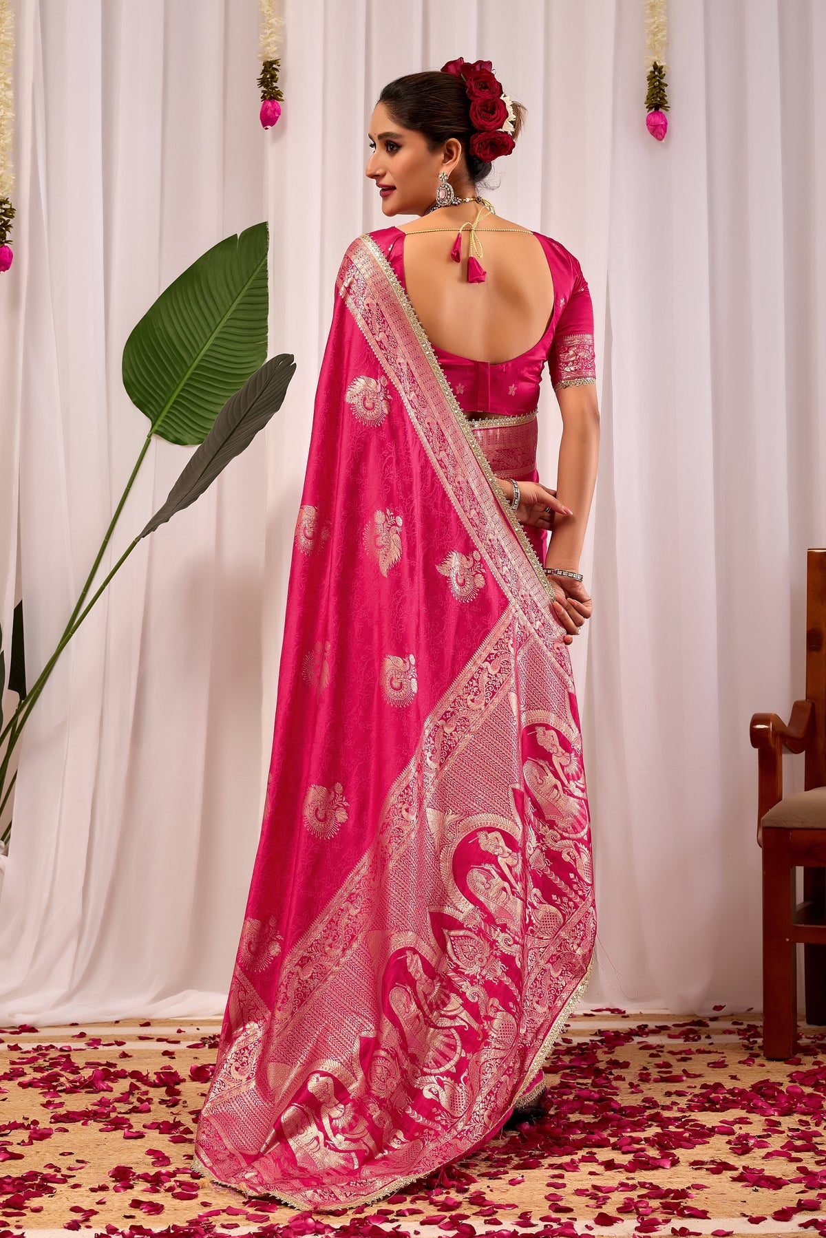 Royal Magenta satin silk saree with Antique Gold Zari Motifs