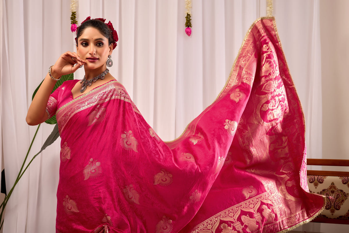 Royal Magenta satin silk saree with Antique Gold Zari Motifs