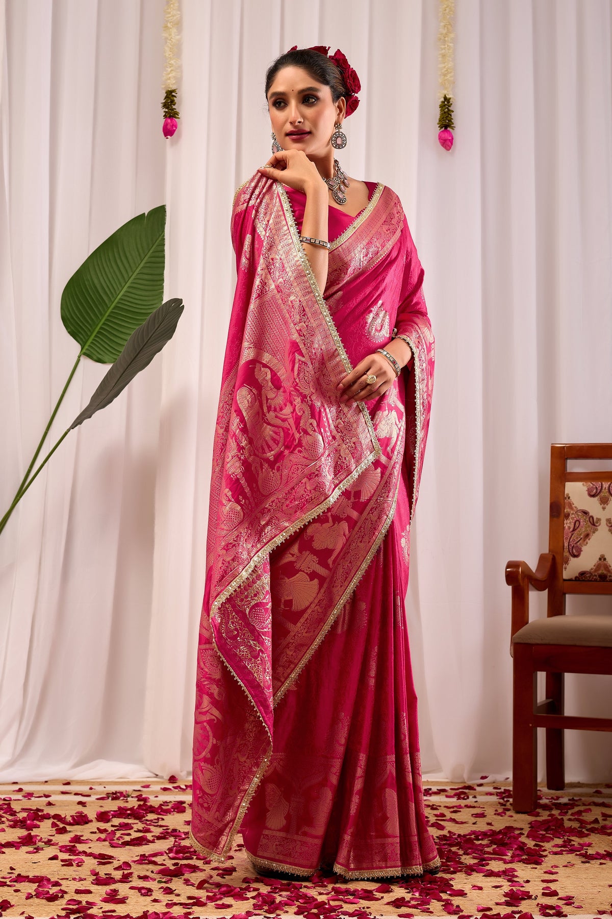 Royal Magenta satin silk saree with Antique Gold Zari Motifs
