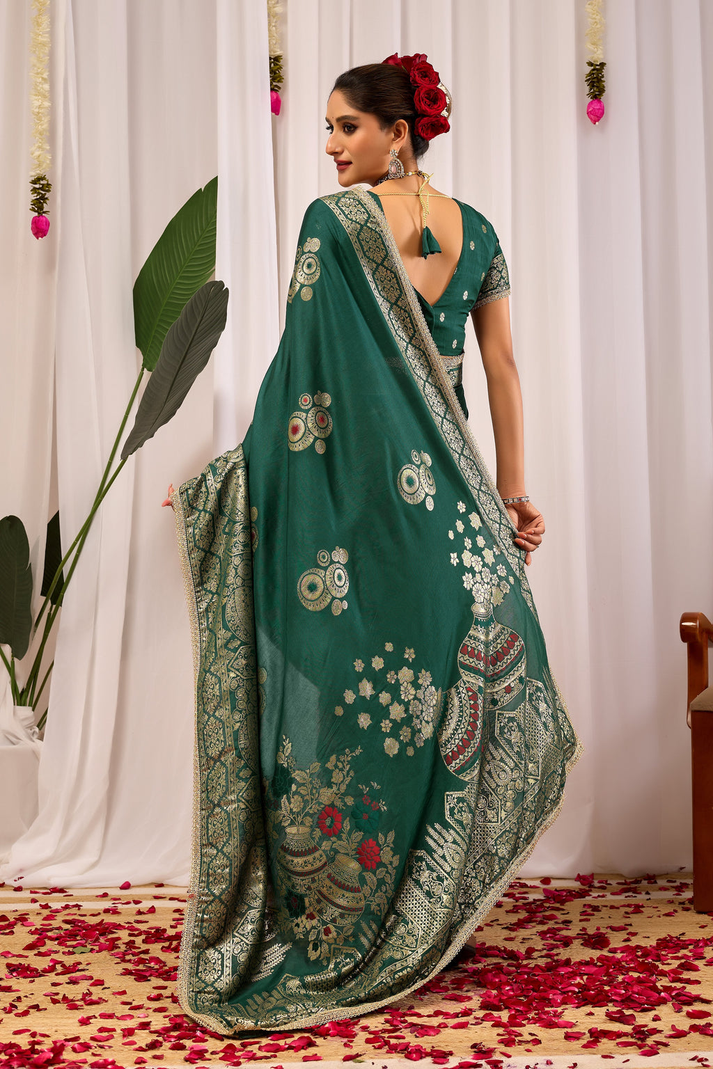 Emerald Royale  satin Silk Saree with Antique Gold Zari Paisley Weaving