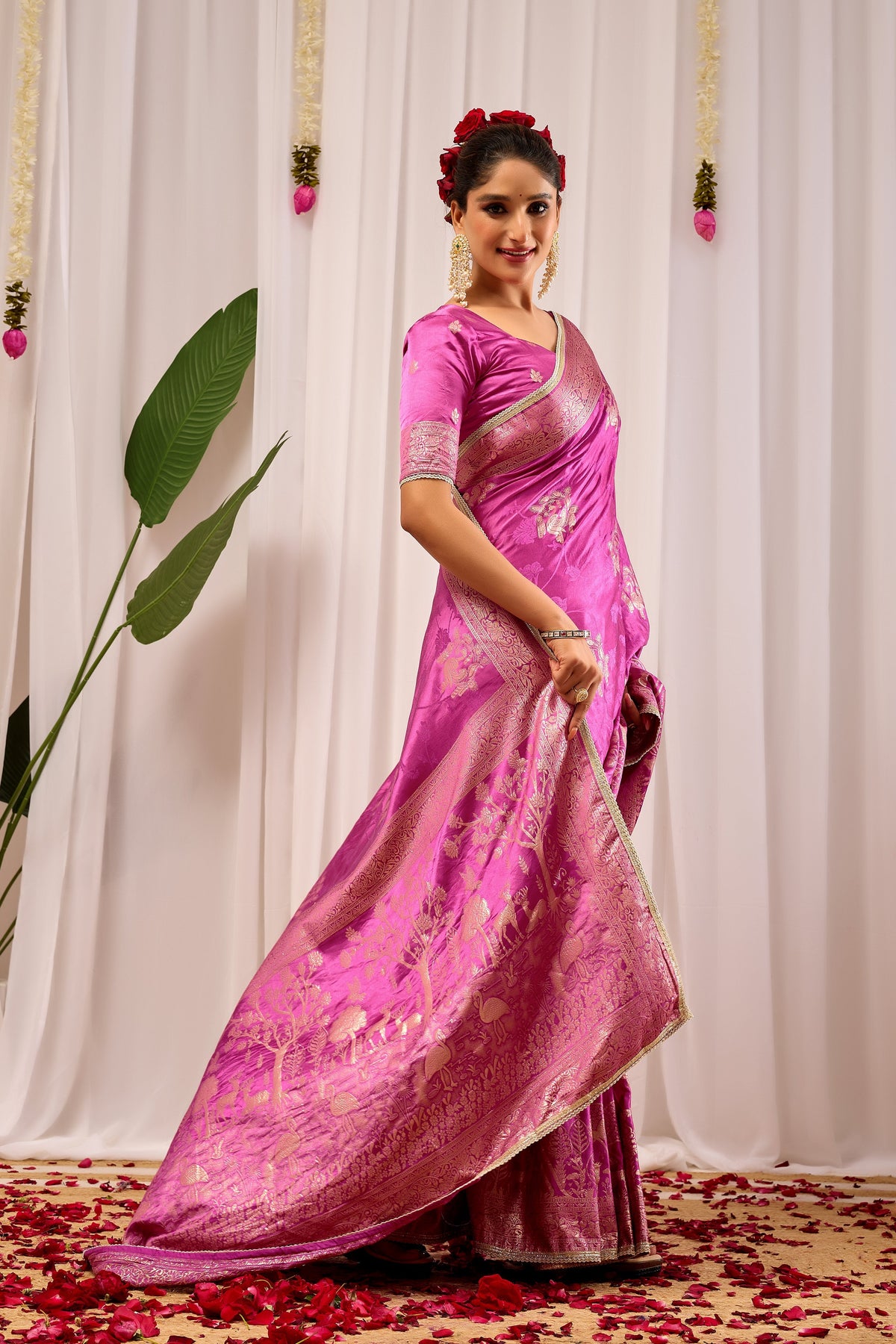 Royal Orchid Pink Satin Silk Saree with Intricate Gold Zari Border