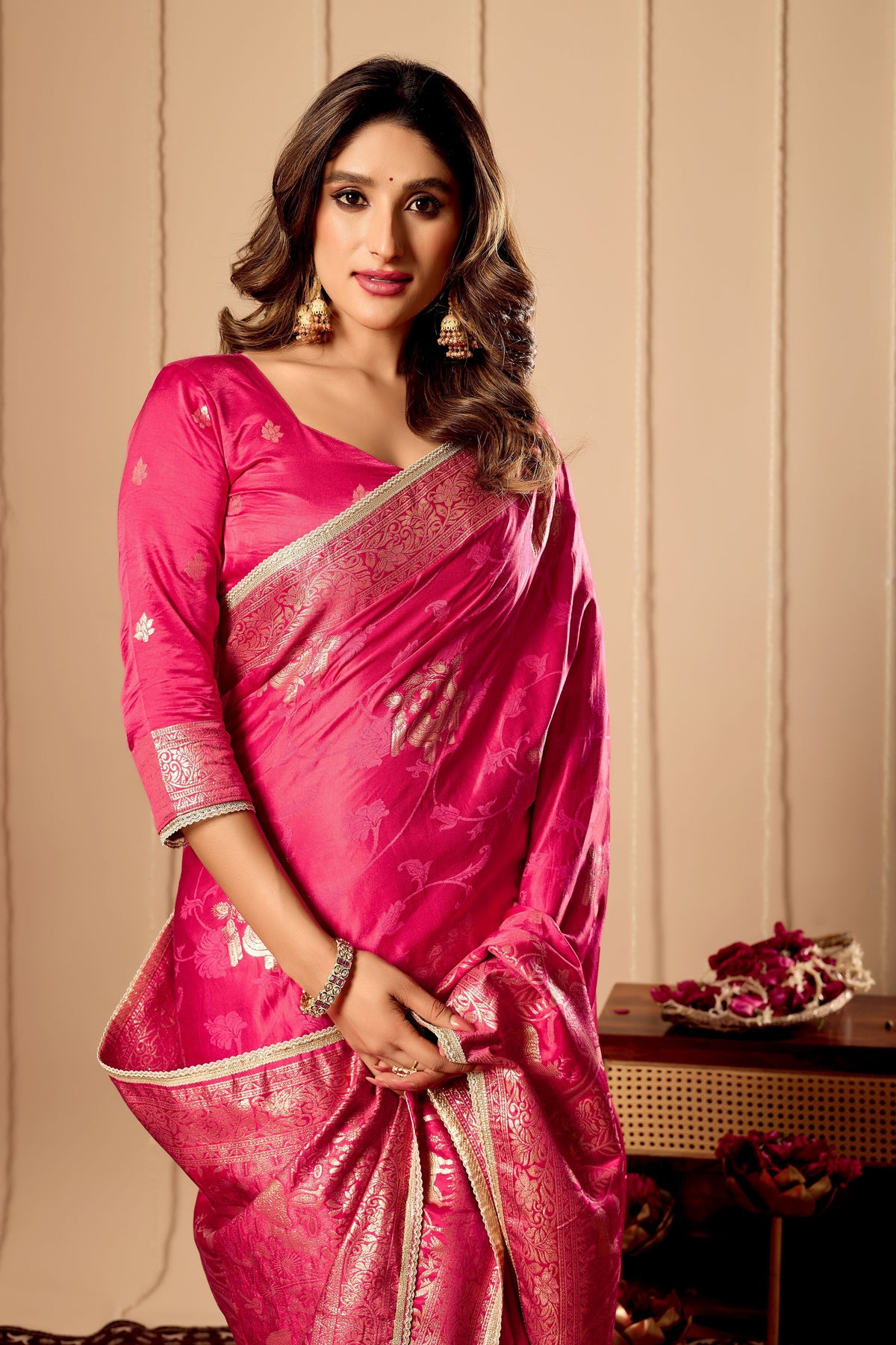 Vibrant Rani Pink  satin Silk Saree with Rich Gold Zari Weaving and Elegant Traditional Motifs