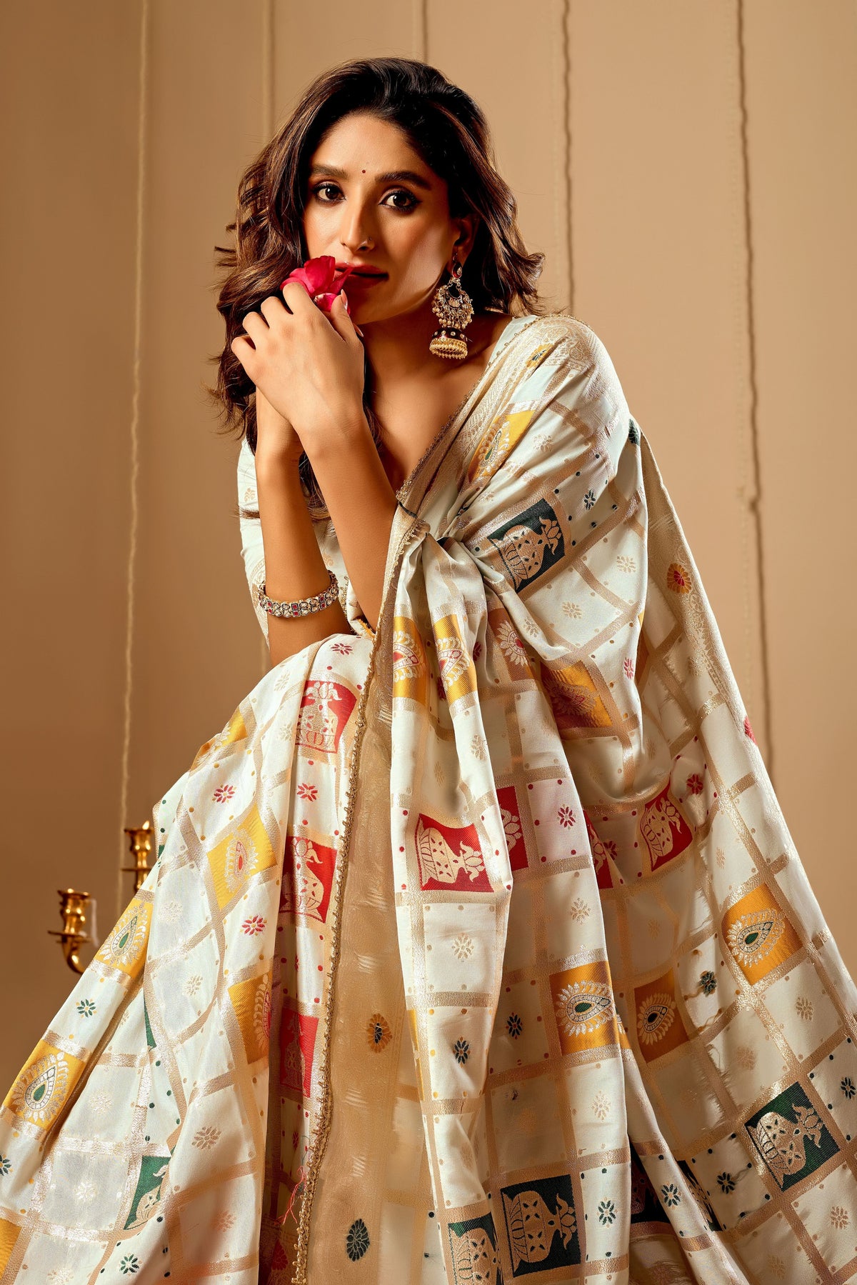 Ivory Pearl Satin Silk Saree with Multicolor Heritage Zari Motifs