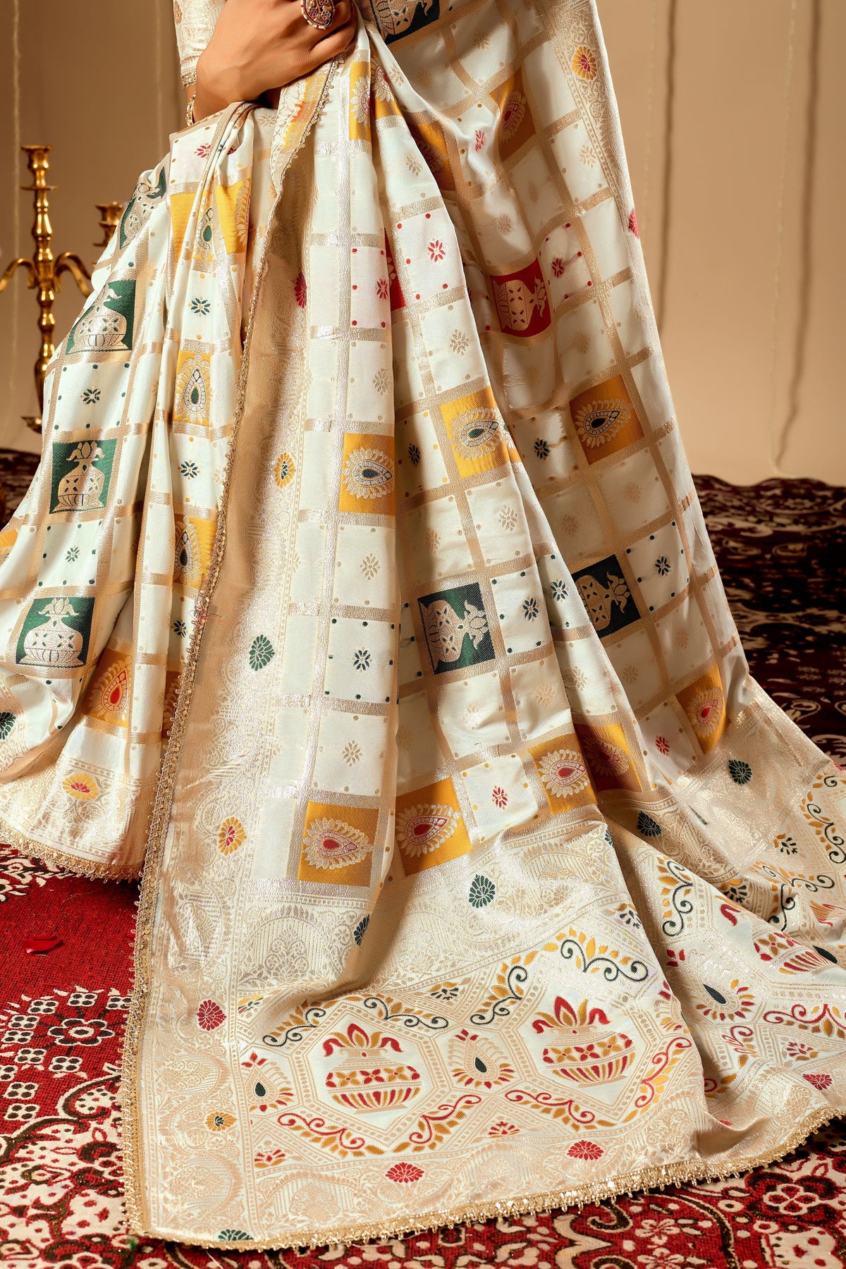 Ivory Pearl Satin Silk Saree with Multicolor Heritage Zari Motifs