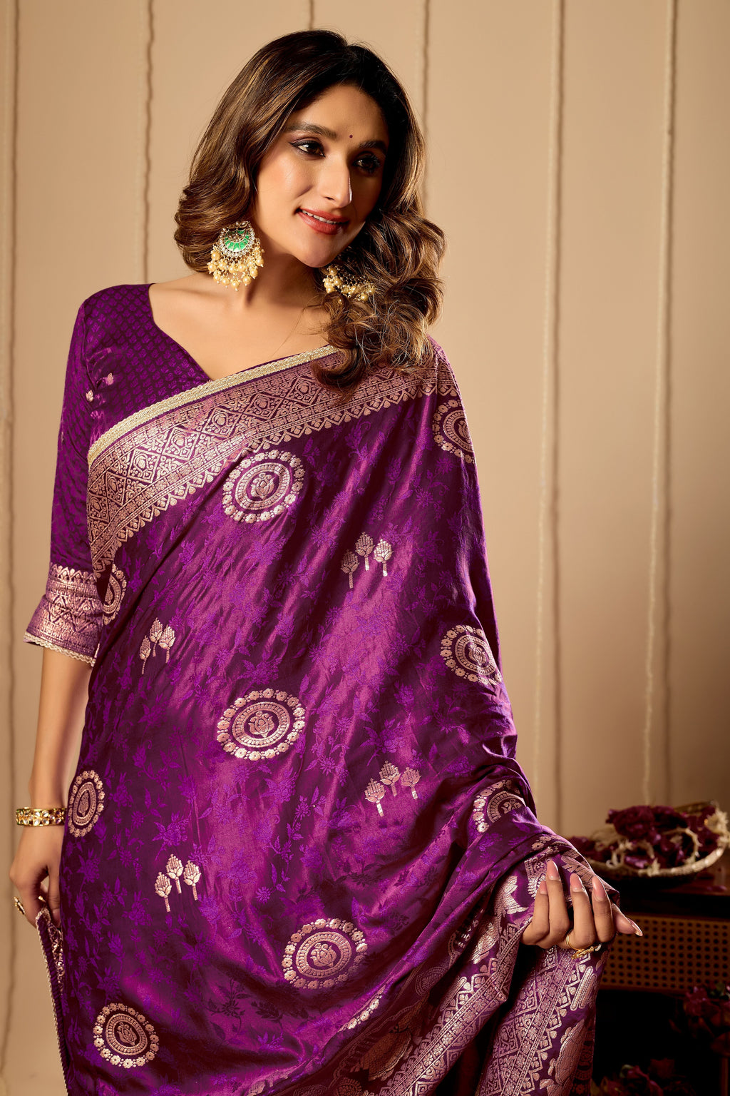Regal Wine Purple Satin Silk Saree with Intricate Antique Gold Zari Weaving and Grand Traditional Pallu