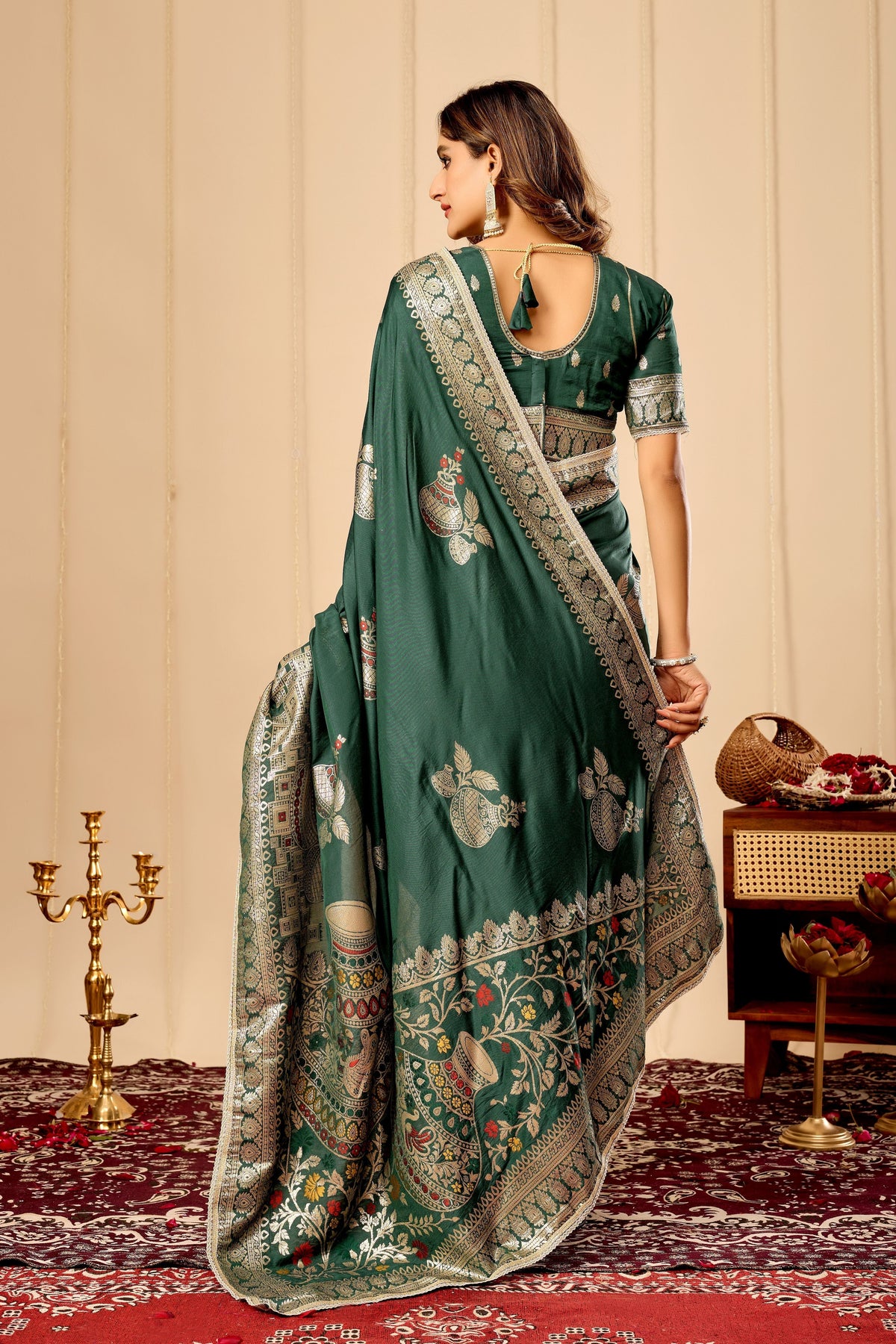 Royal Bottle Green  Silk Saree Featuring Intricate Gold Zari Work, Broad Heritage Border and Luxurious Heavy Pallu for Weddings & Festive Wear