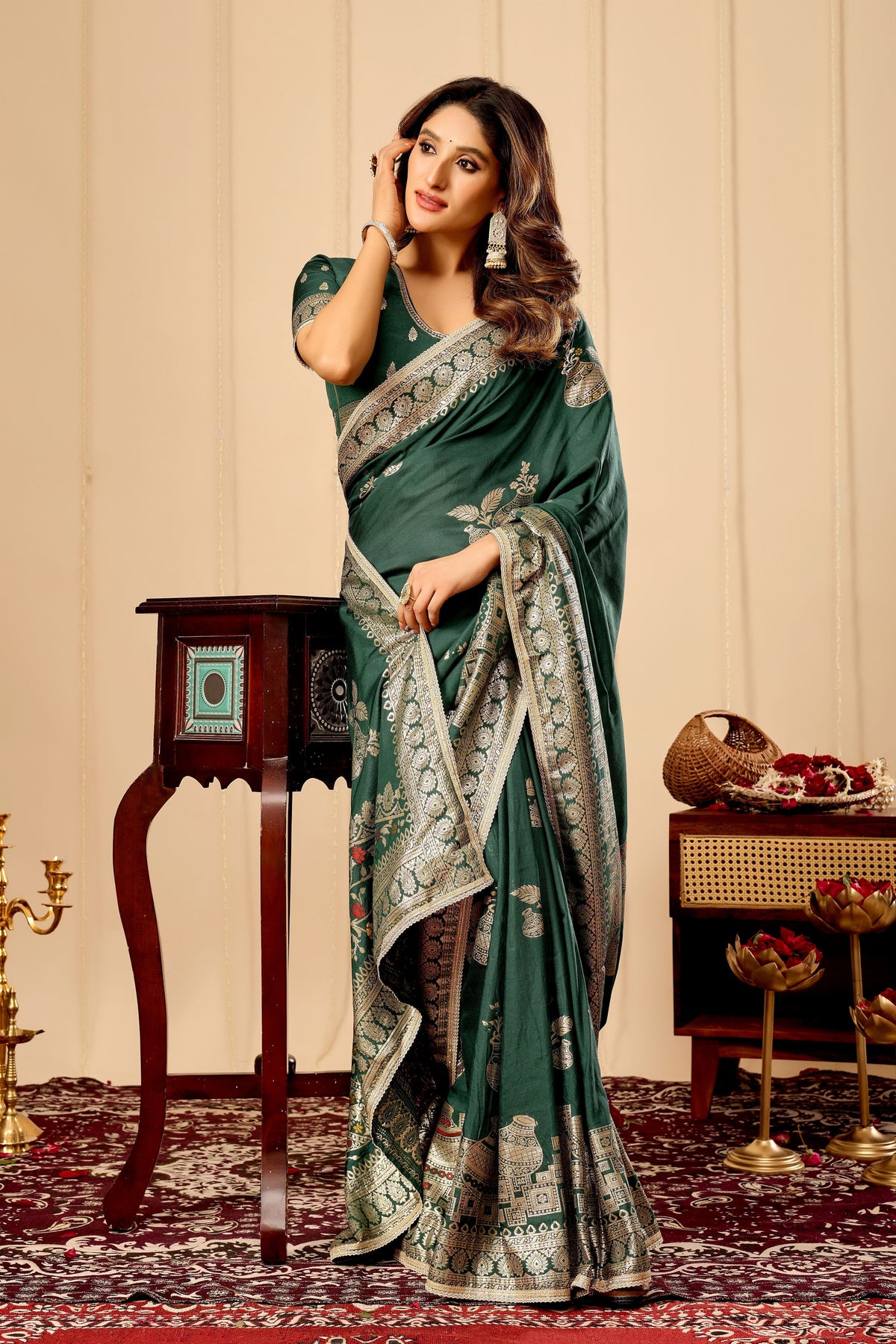 Royal Bottle Green  Silk Saree Featuring Intricate Gold Zari Work, Broad Heritage Border and Luxurious Heavy Pallu for Weddings & Festive Wear