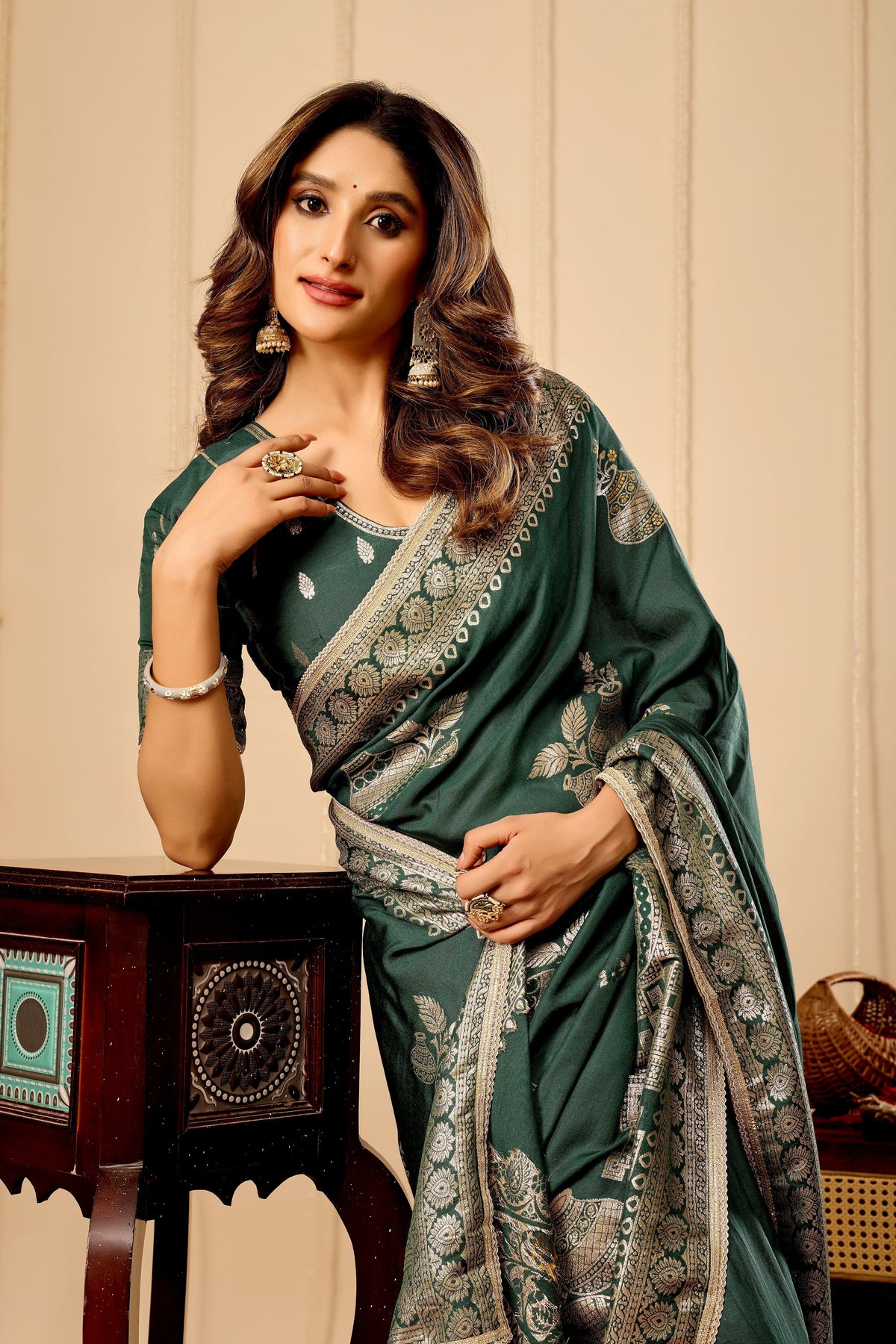 Royal Bottle Green  Silk Saree Featuring Intricate Gold Zari Work, Broad Heritage Border and Luxurious Heavy Pallu for Weddings & Festive Wear
