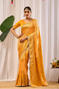 Golden Marigold Satin Silk Saree with Subtle Zari Check Weave