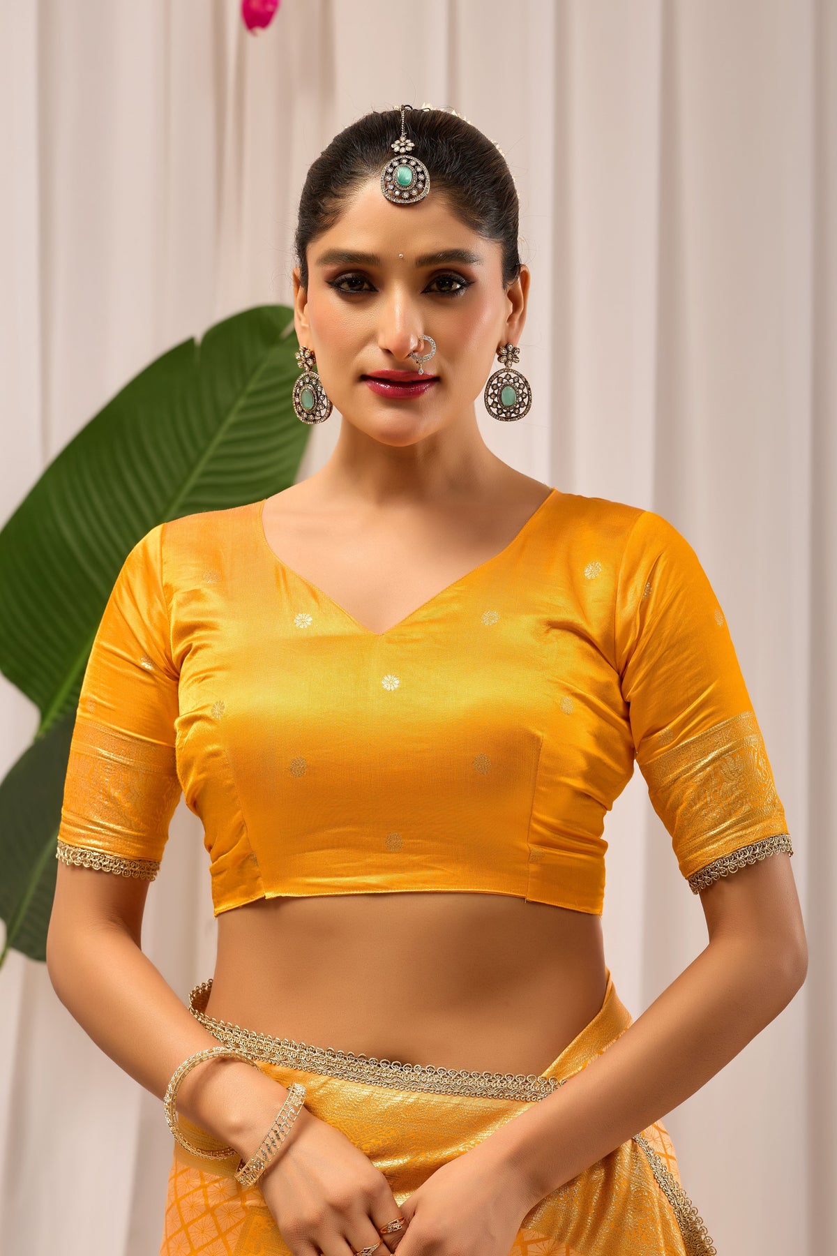 Golden Marigold Satin Silk Saree with Subtle Zari Check Weave