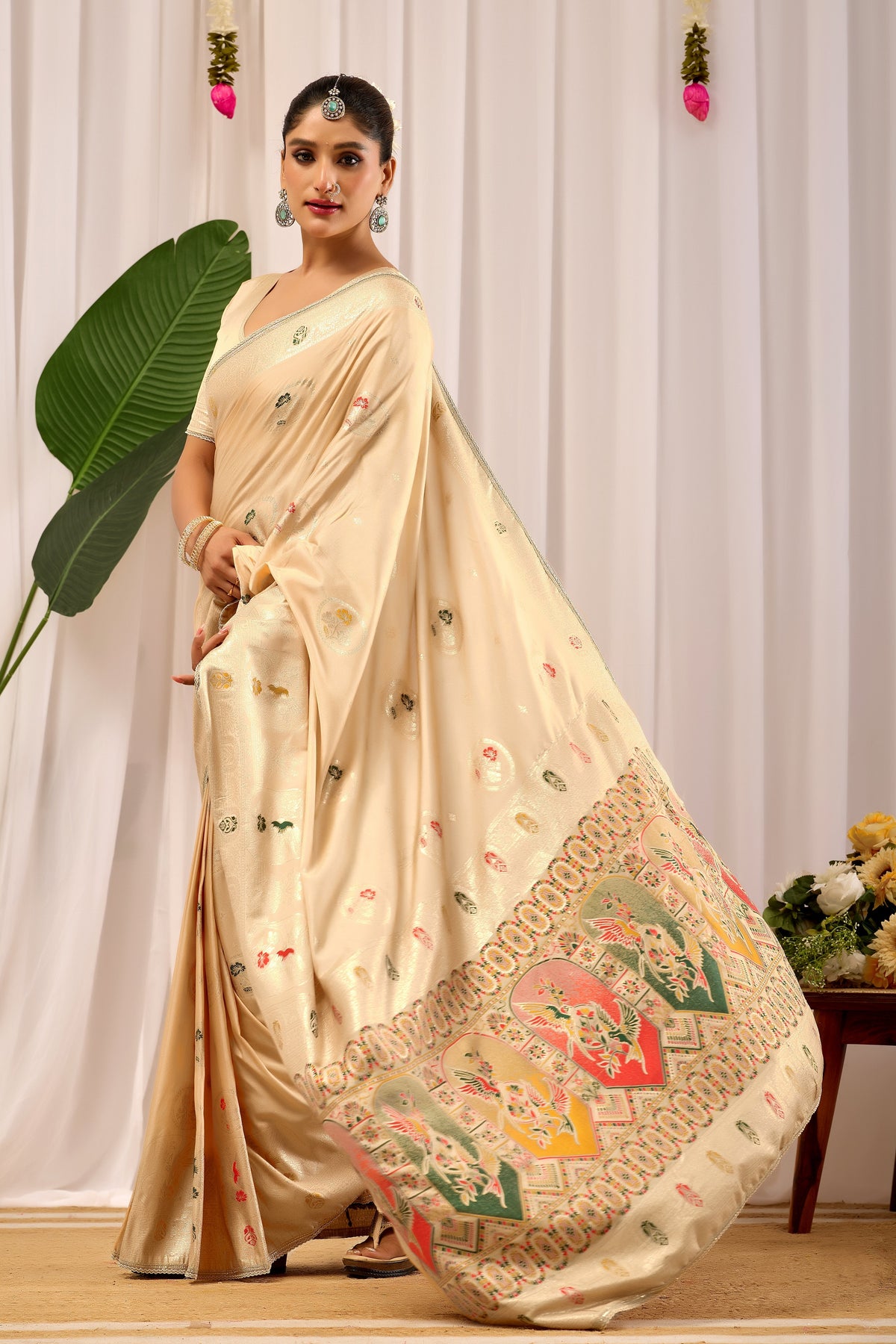 Ivory Sand Satin Silk Saree with Multicolor Heritage Motif Pallu