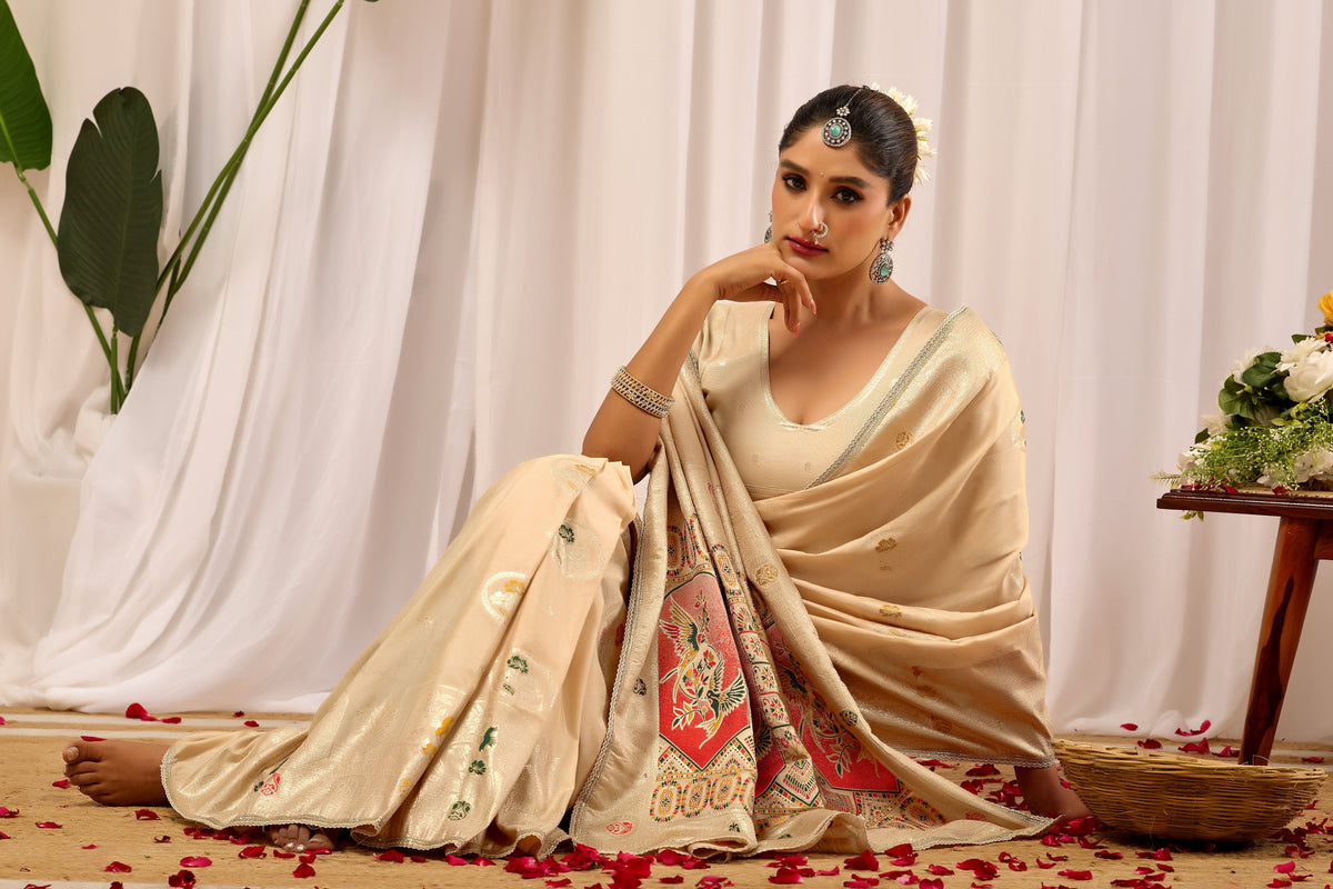 Ivory Sand Satin Silk Saree with Multicolor Heritage Motif Pallu