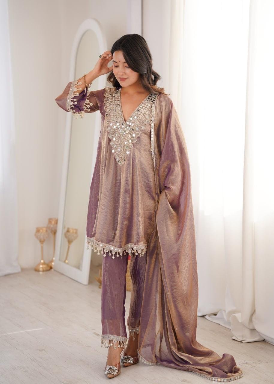 Fendi Silk Mirror Work Designer Kurti Pant Dupatta Set For Eid