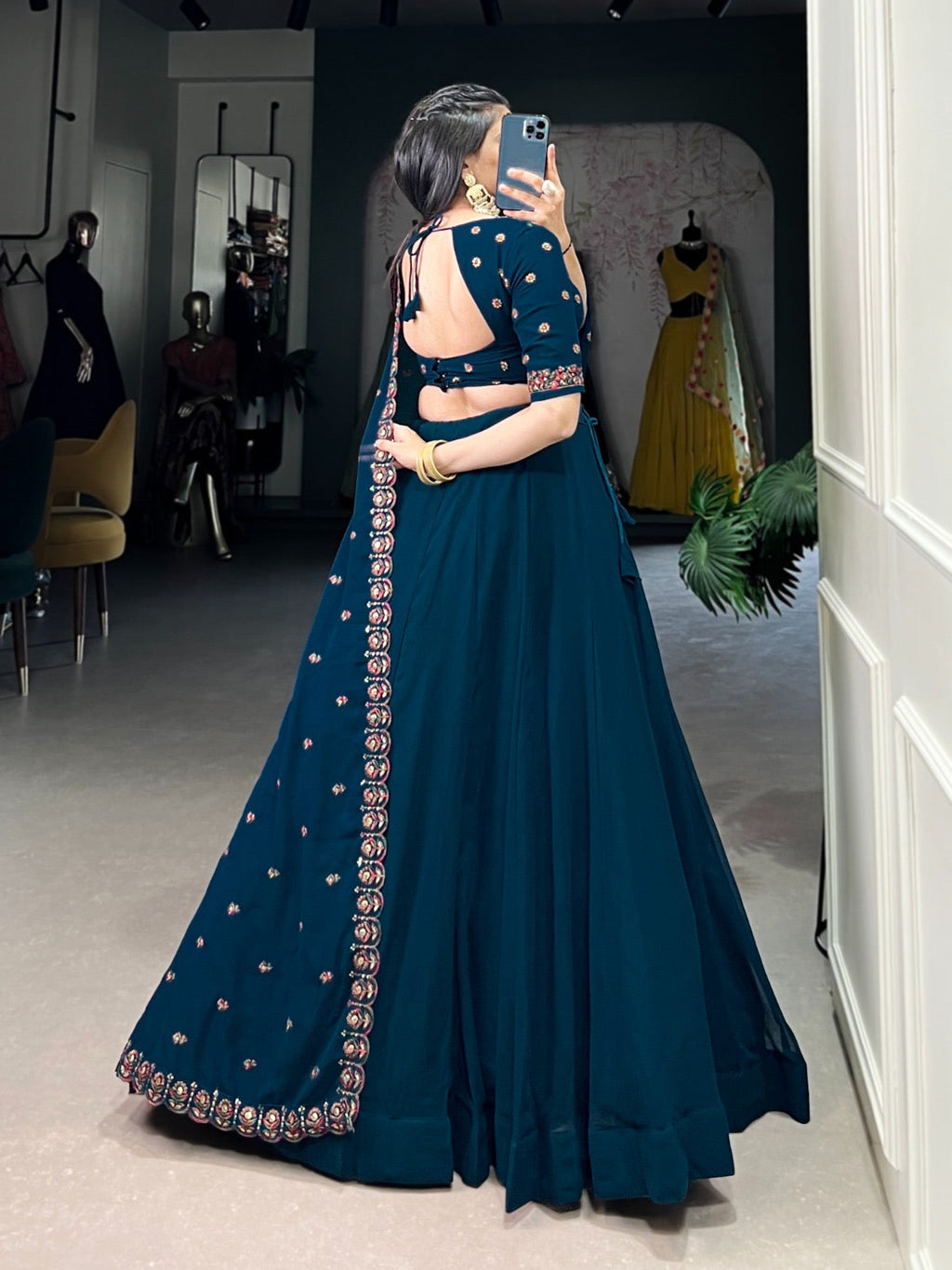 Georgette Sequence Hand Thread Embroidery Work Designer Chaniya Choli Dupatta (Ready to Wear)