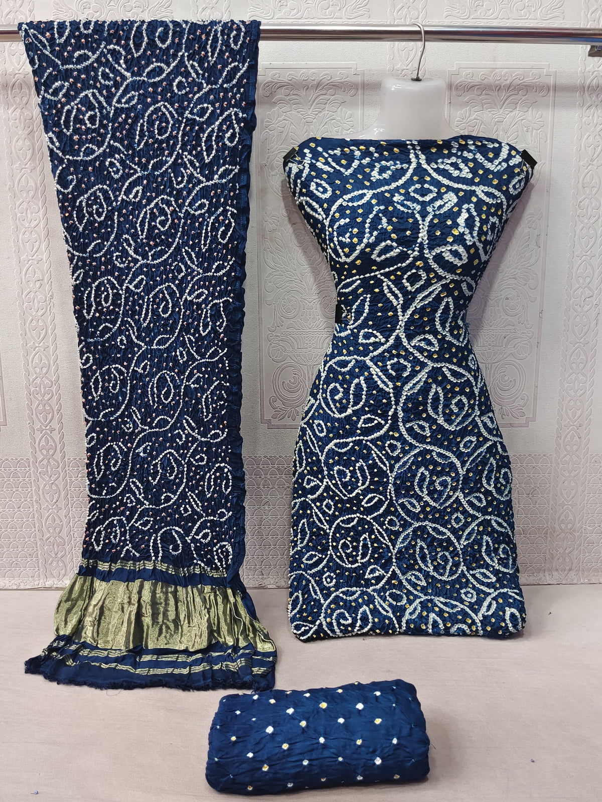 Modal Ghazi Silk barik Bandhej work Kutchi Bandhani Dress Material