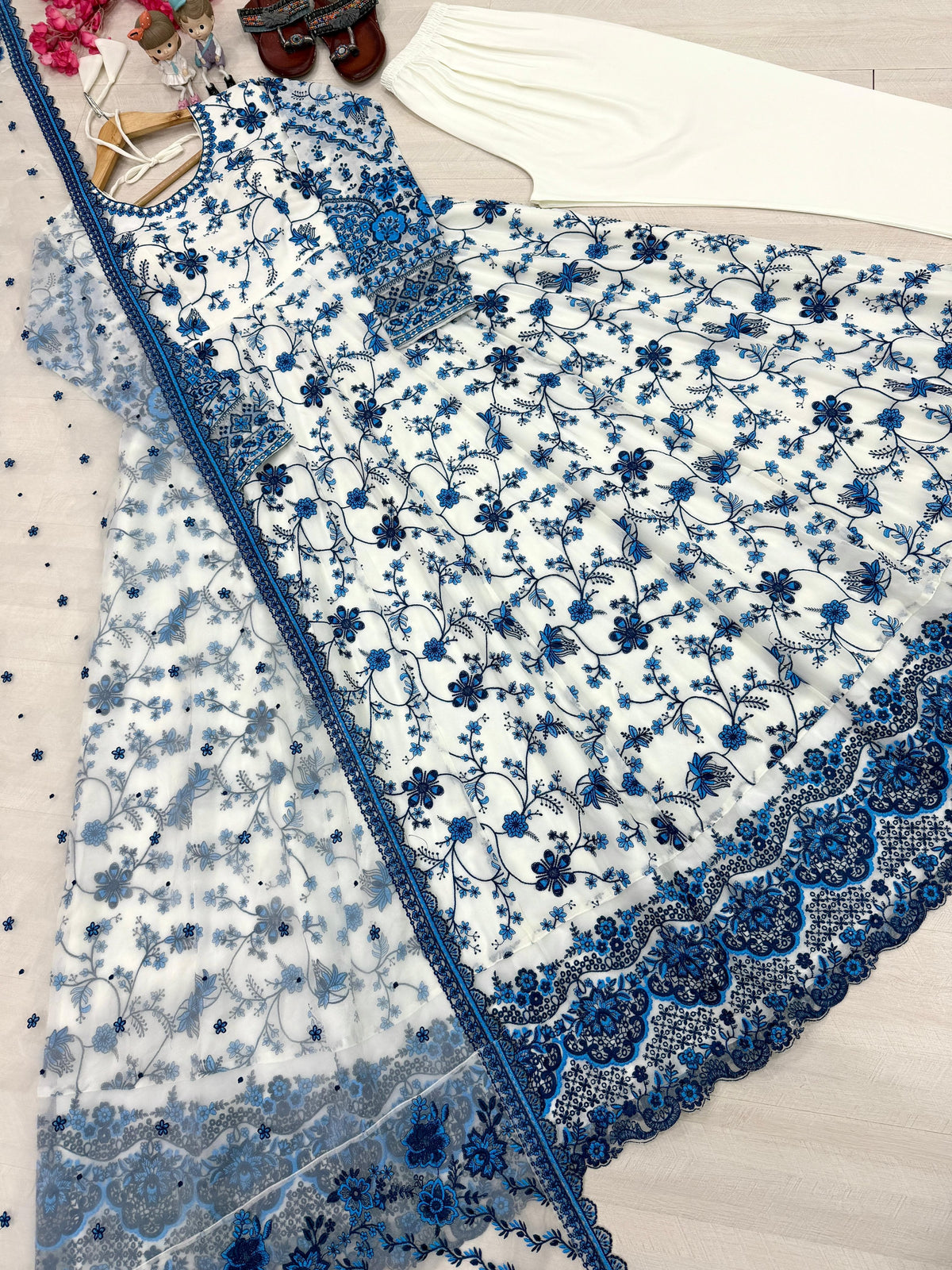 Faux Georgette Embroidery Work Summer Special Gown Pant Dupatta Set