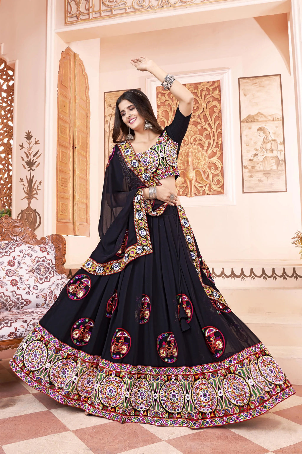 Faux Gerogette Full Mirror work Chaniya Choli (Stitched)