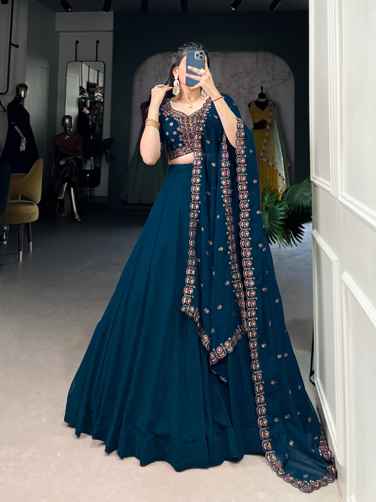 Georgette Sequence Hand Thread Embroidery Work Designer Chaniya Choli Dupatta (Ready to Wear)