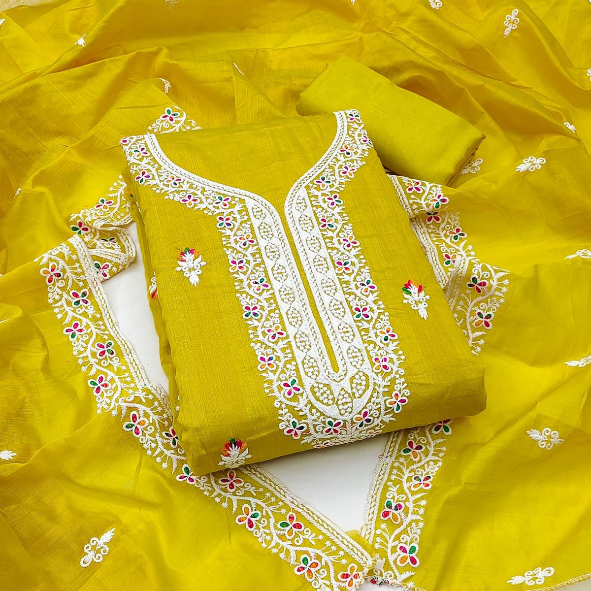 Heavy Chanderi Neck Embroidery work Dress Material (Unstitched)