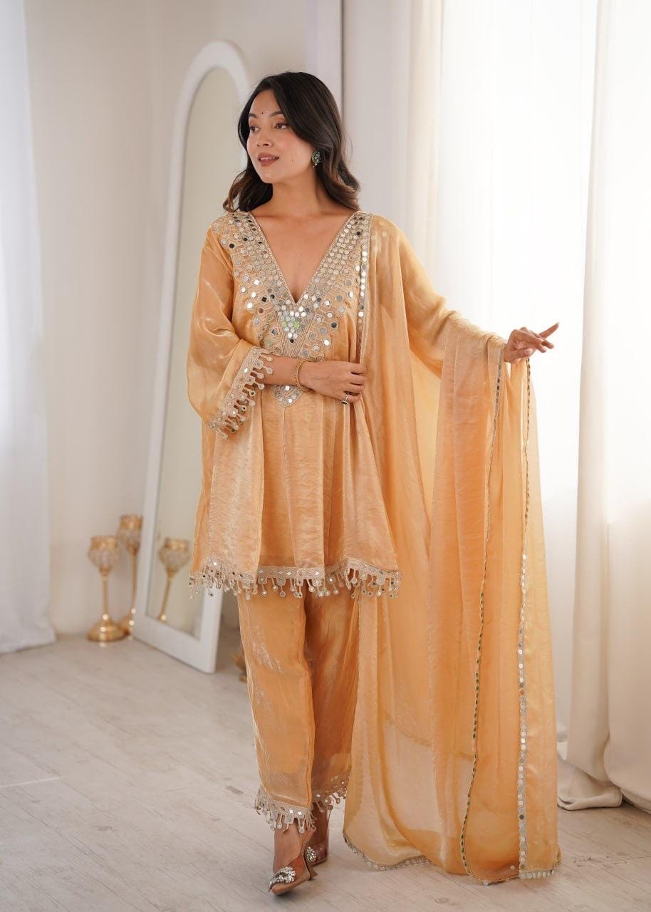 Fendi Silk Mirror Work Designer Kurti Pant Dupatta Set For Eid
