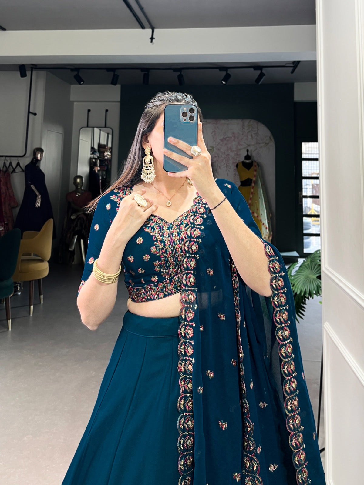 Georgette Sequence Hand Thread Embroidery Work Designer Chaniya Choli Dupatta (Ready to Wear)