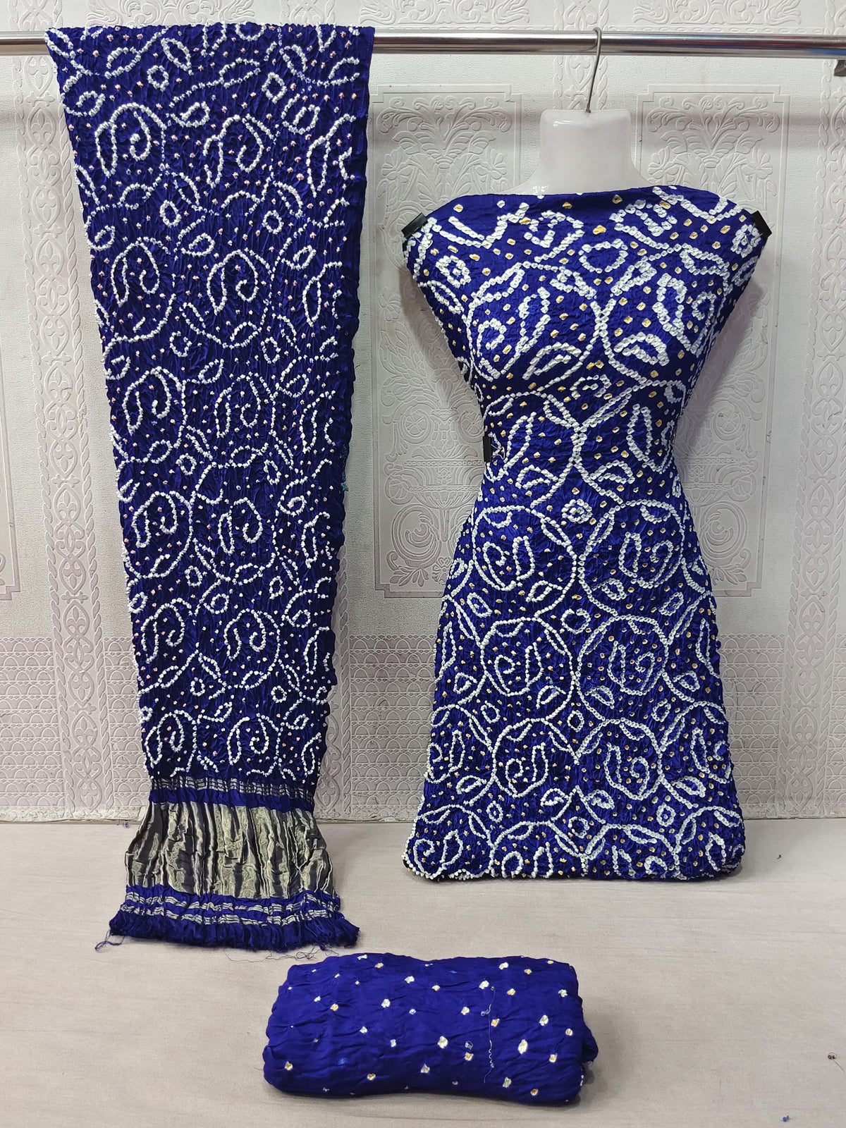 Modal Ghazi Silk barik Bandhej work Kutchi Bandhani Dress Material