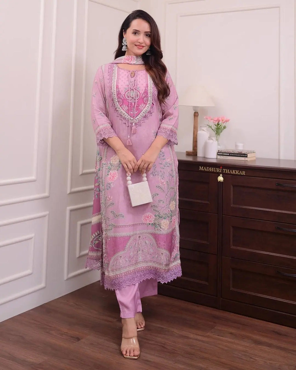 Lilac Muslin Floral Digital Printed Pakistani Kurti Pant Dupatta Set