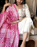 Handloom Cotton Embroidery work Kurti Pant Dupatta Set (Stitched)