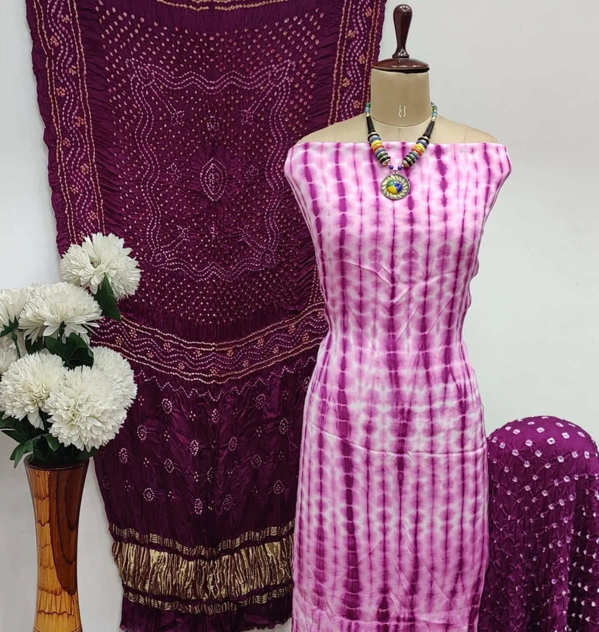 Modal Ghazi Silk White Concept Bandhani Dress Material with Ladgi patta Dupatta
