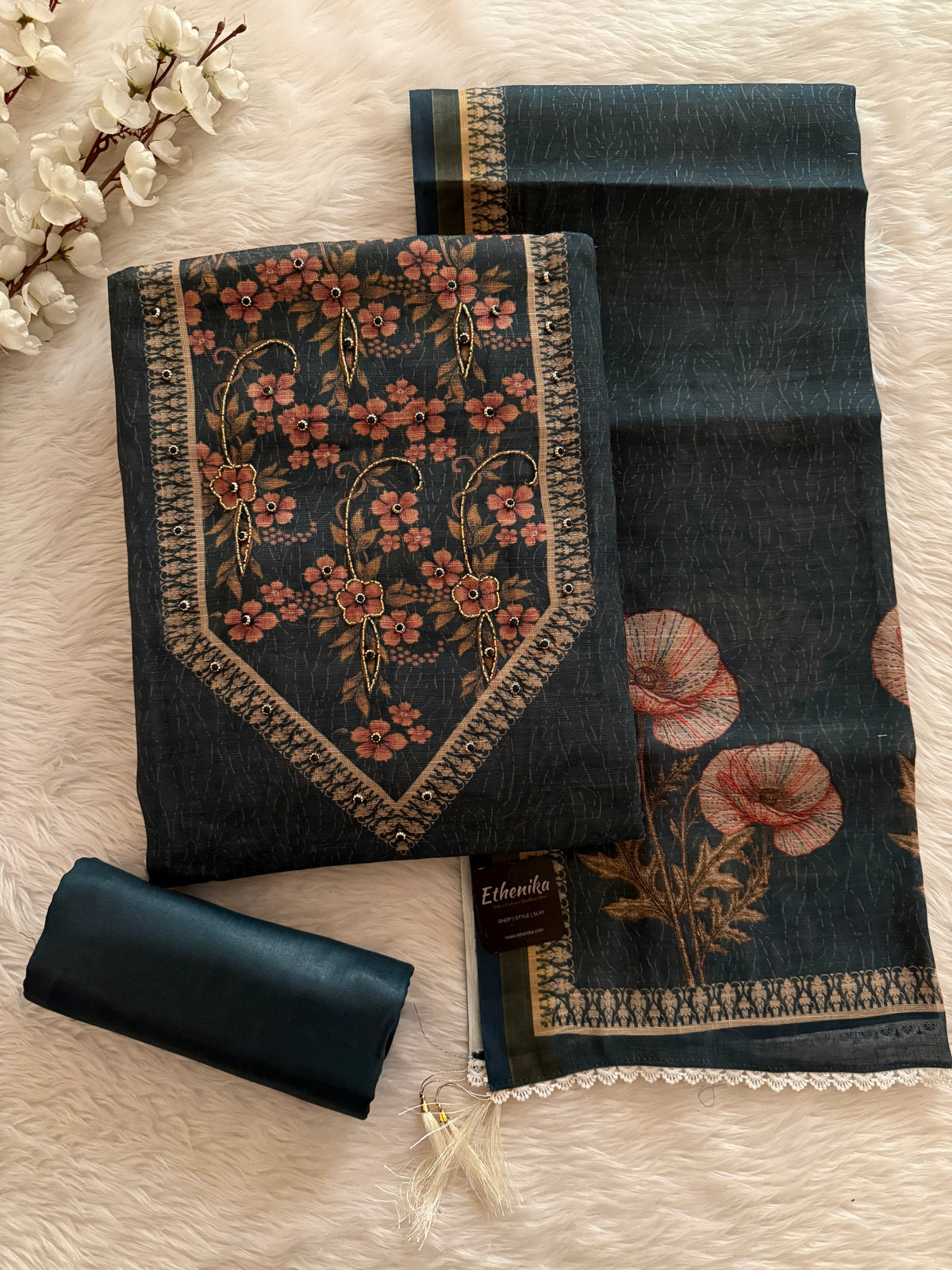 Handloom Cotton Digital Print With Stone Work Dress Material