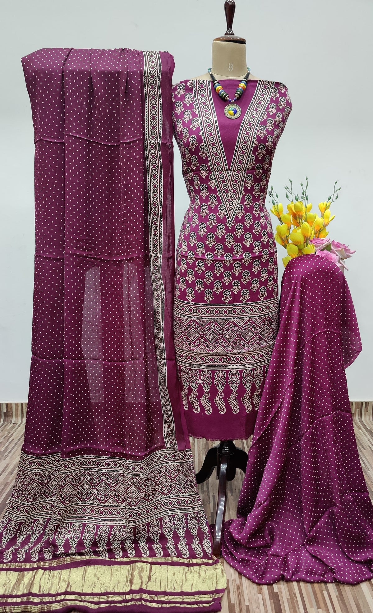 Modal Ghazi Silk Ajrakh Print Dress Material (Unstitched)