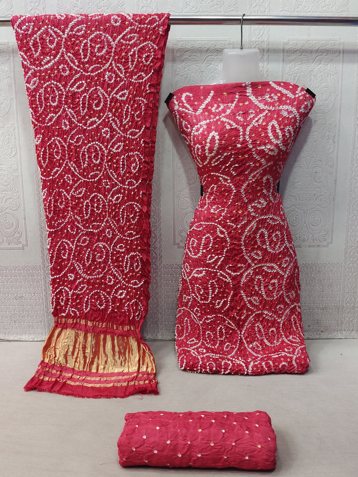 Modal Ghazi Silk barik Bandhej work Kutchi Bandhani Dress Material