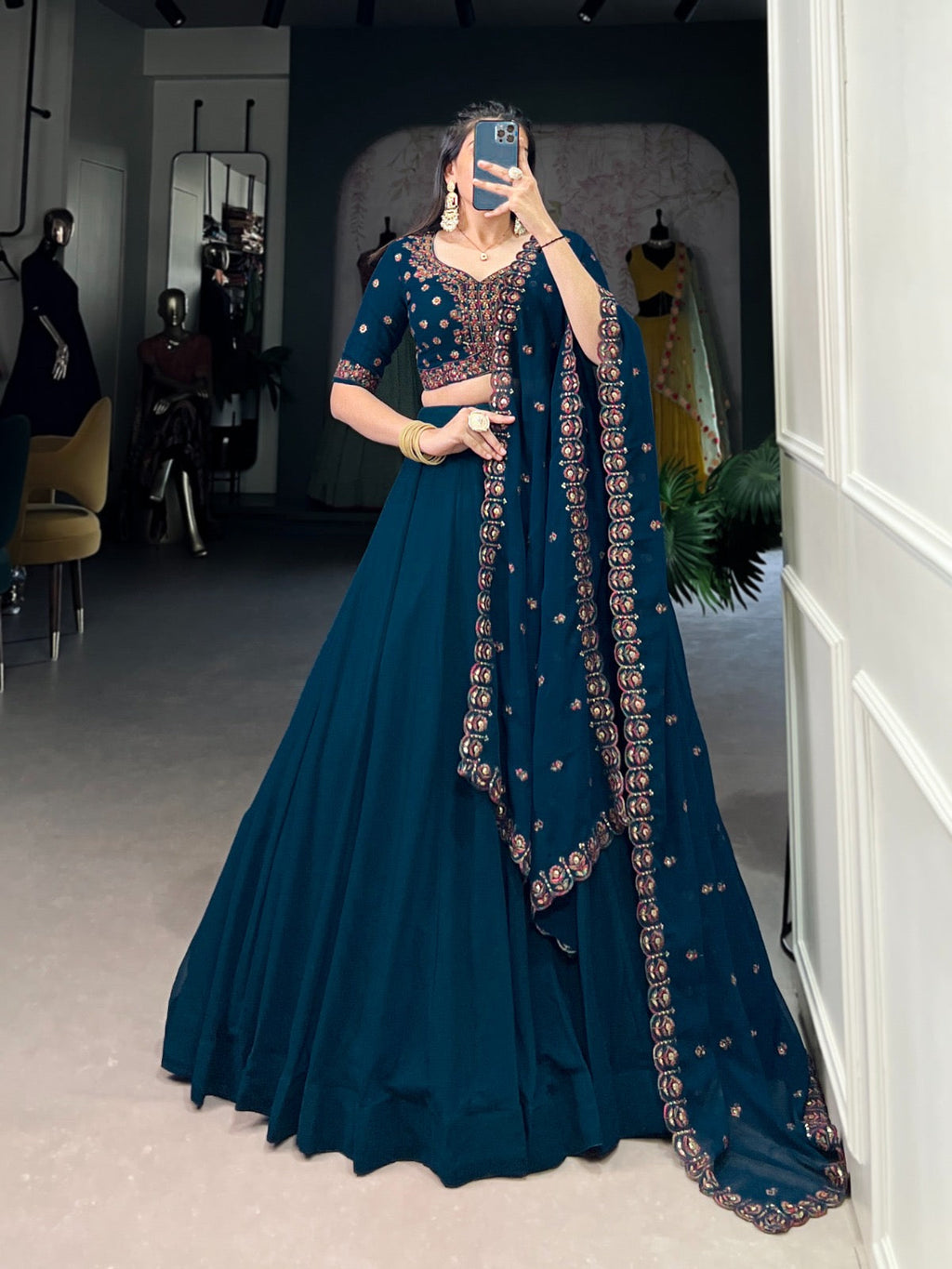 Georgette Sequence Thread Embroidery work Lehenga Choli Set (Stitched)