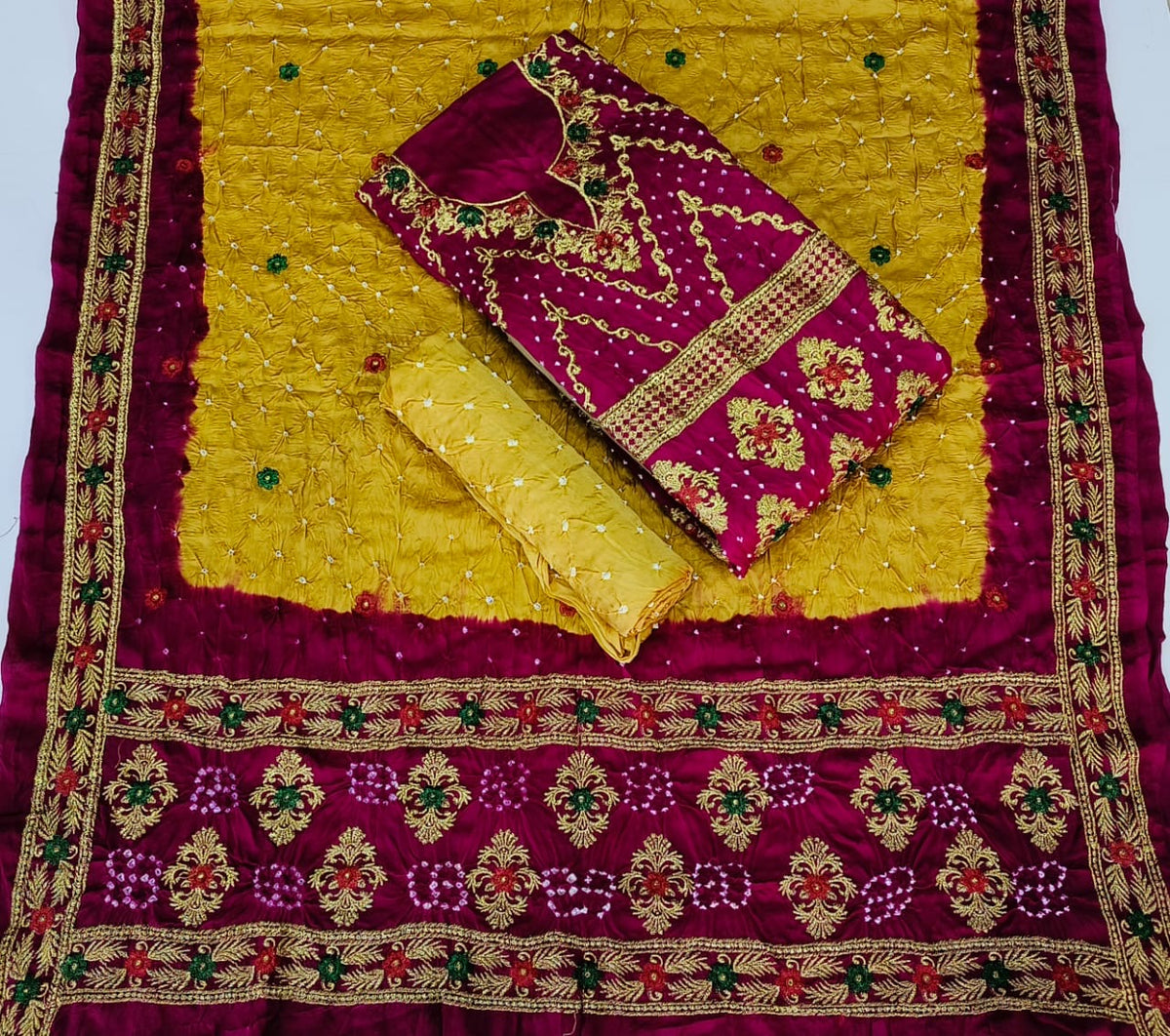 Modal Gazi Silk Kasab work Bandhani Dress Material