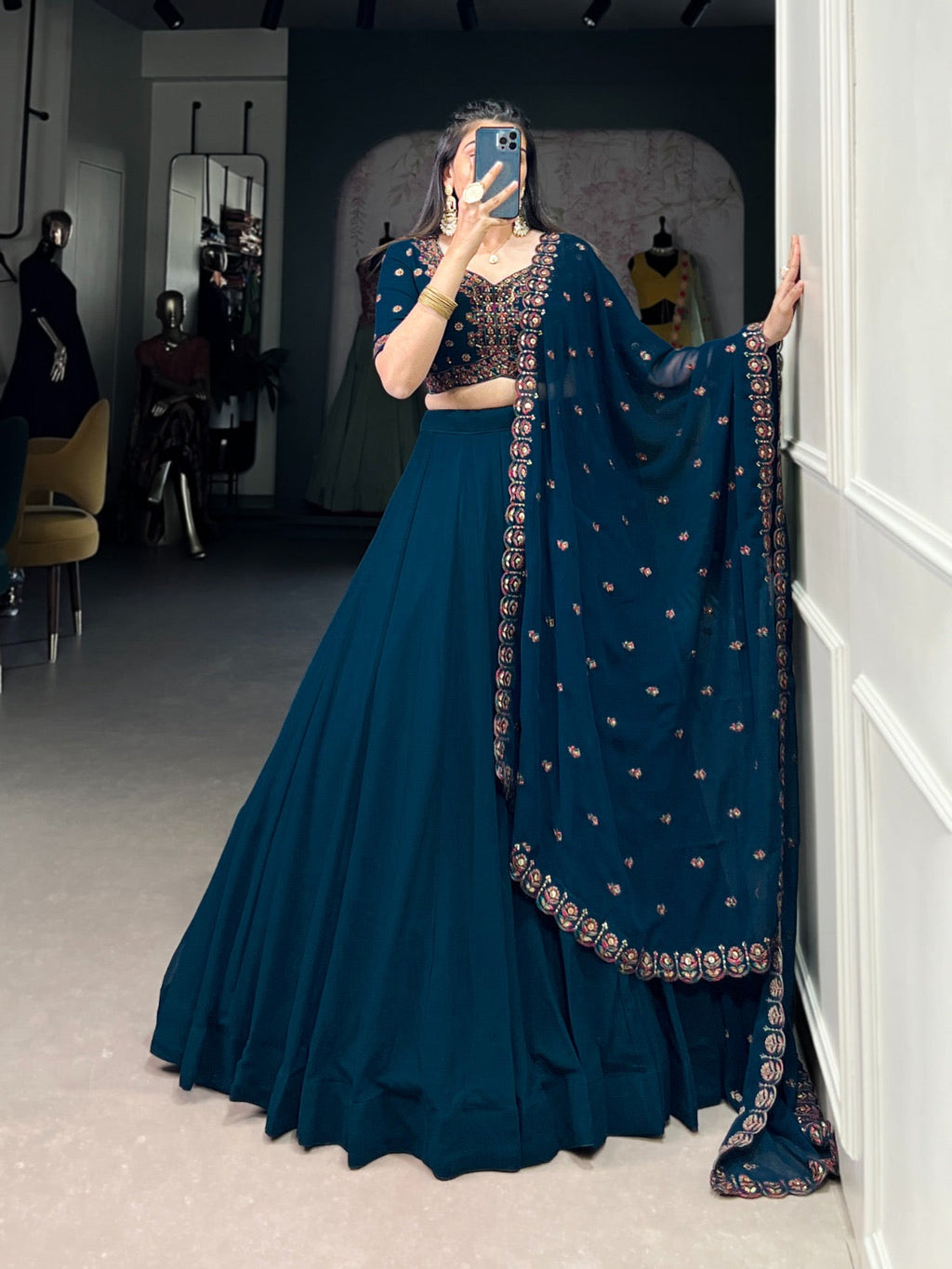 Georgette Sequence Hand Thread Embroidery Work Designer Chaniya Choli Dupatta (Ready to Wear)