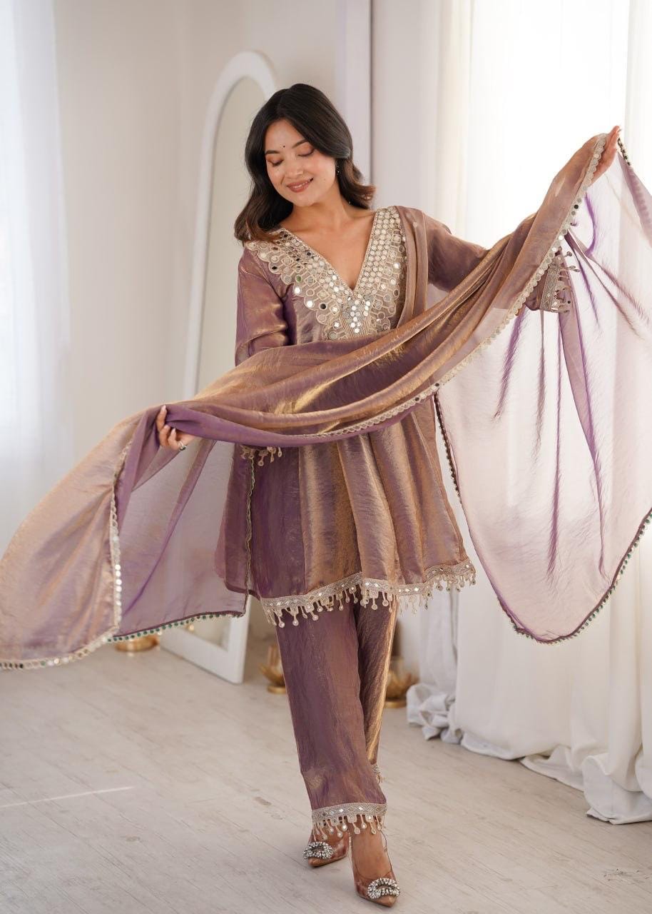 Fendi Silk Mirror Work Designer Kurti Pant Dupatta Set For Eid