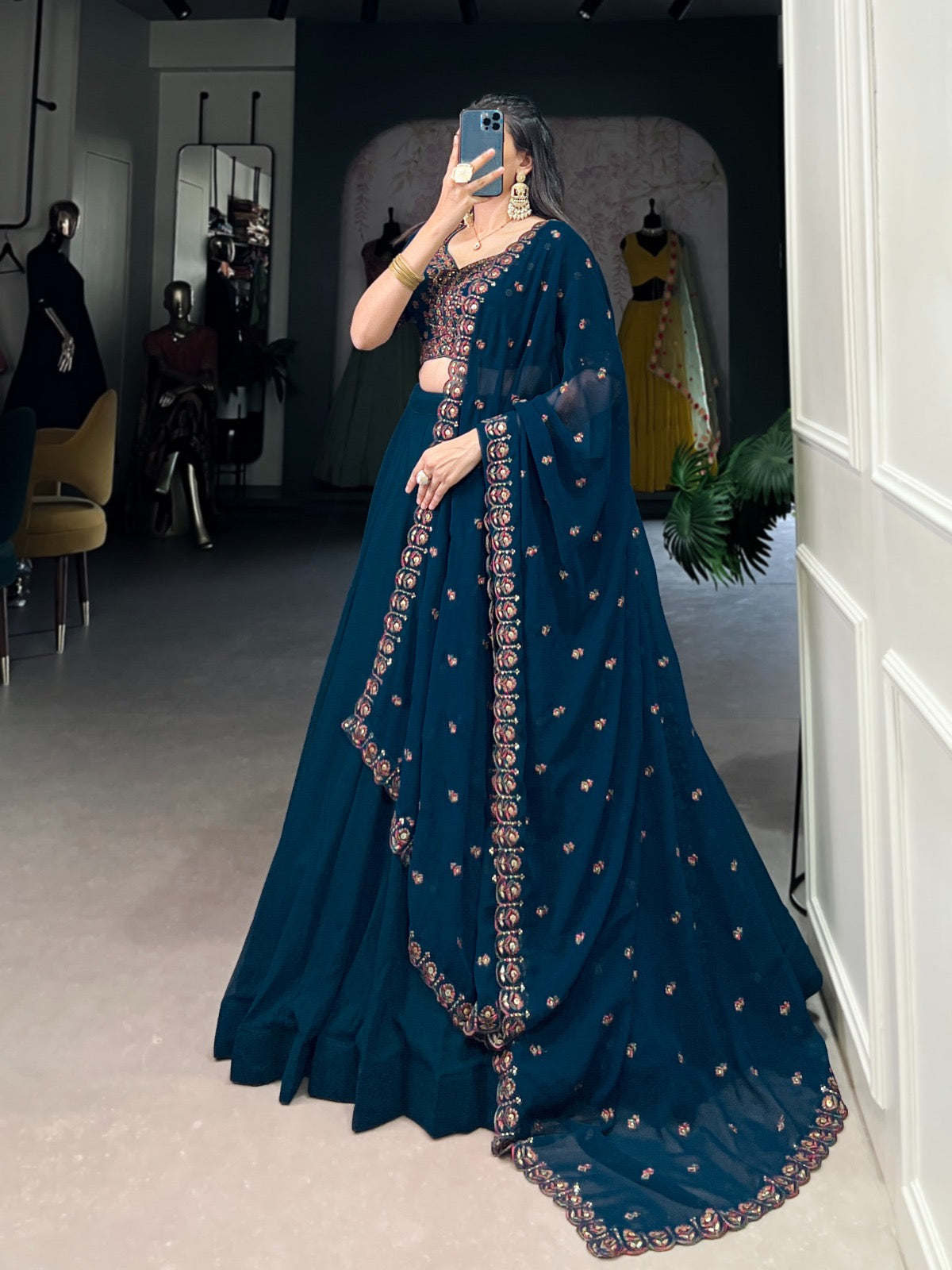 Georgette Sequence Thread Embroidery work Lehenga Choli Set (Stitched)