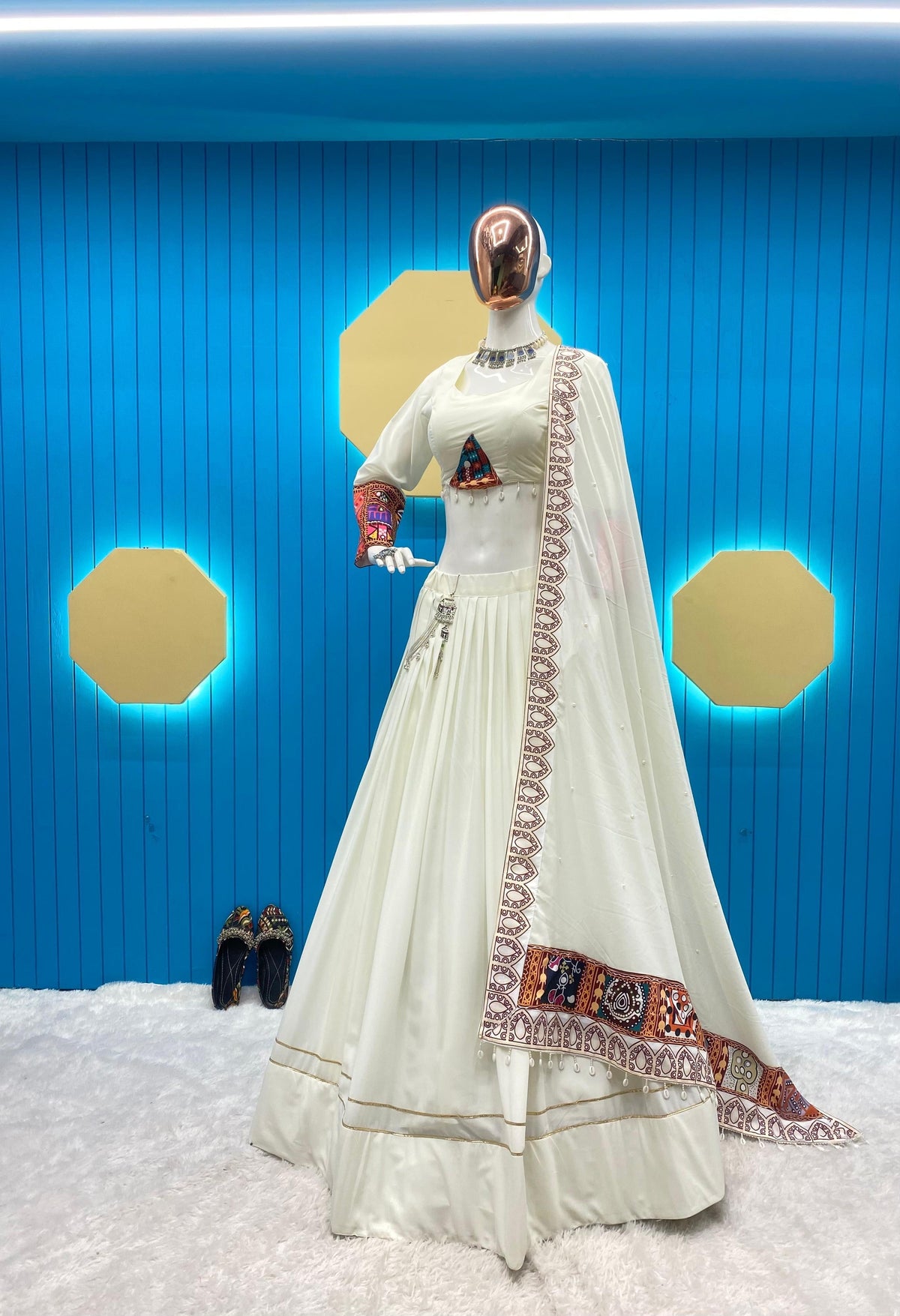 Gamthi Kodi Work White Concept Navratri Special Chaniya Choli