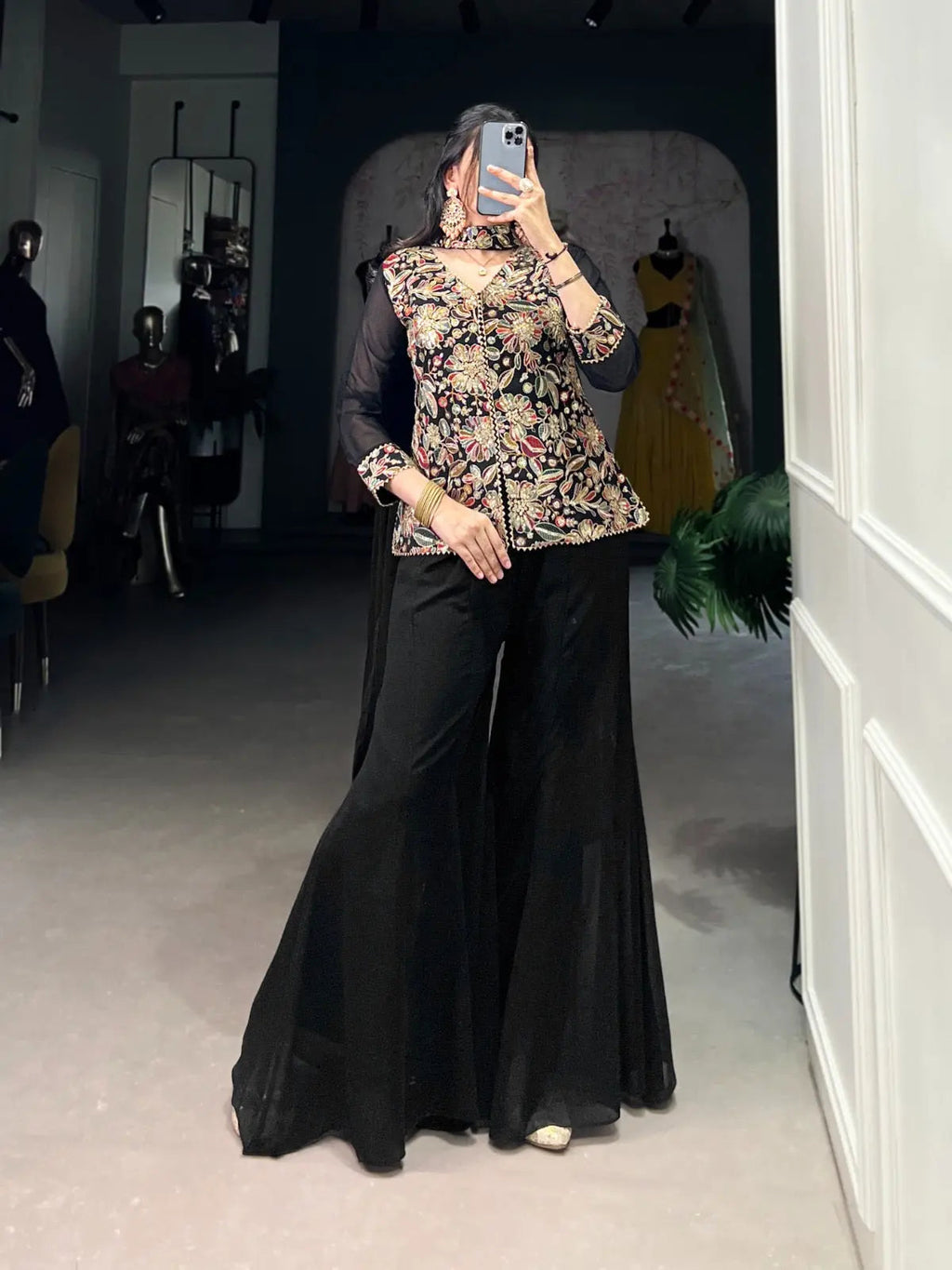 Georgette Threa Embroidery work Black Beauty Kurti Sharara Dupatta Set