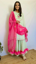 Green & Fuscia Pink Handwork Sharara Suit