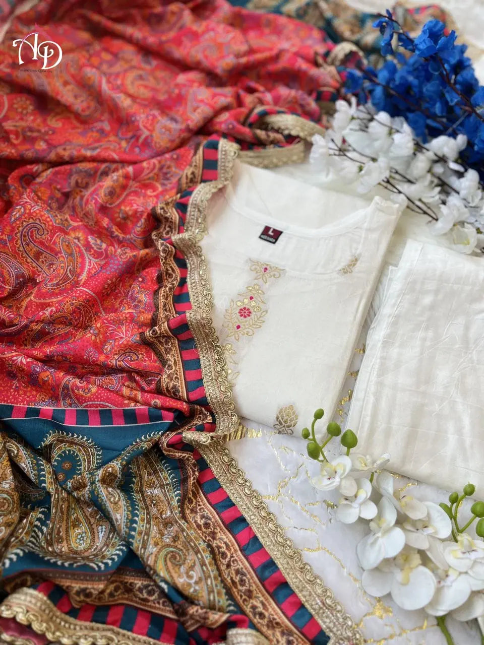 Jeckard Silk Embroidery Zari work Kurti Pant dupatta  Set