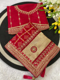 Elegant Vichitra Silk Saree with Jharkan Embroidery & Contrast Blouse