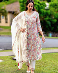 Mirror work Digital Print Kurti Pant Dupatta Set (Stitched)
