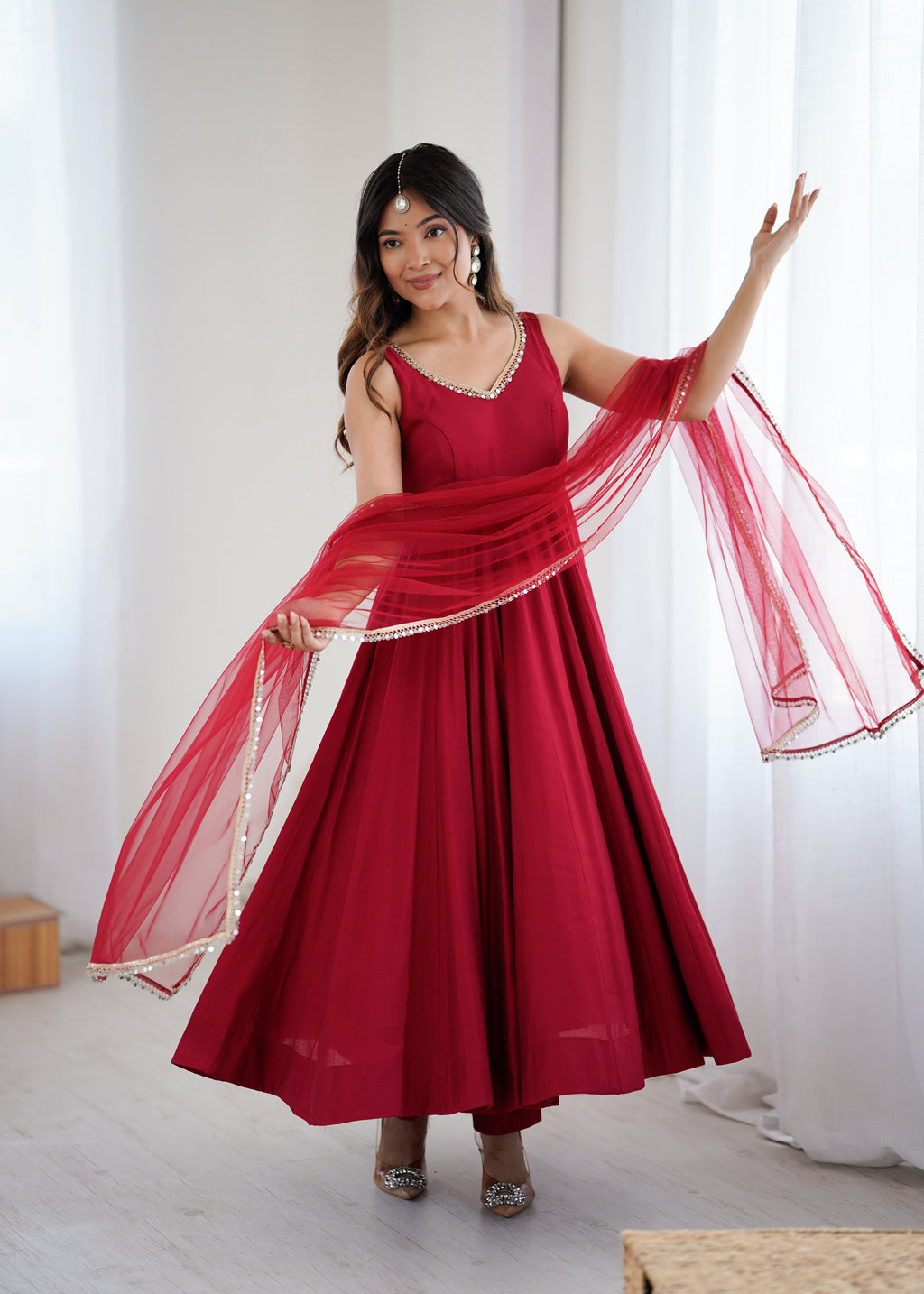 Kishika Maroon Color Anarkali Suit Set [Sleeves Fabric Attached]