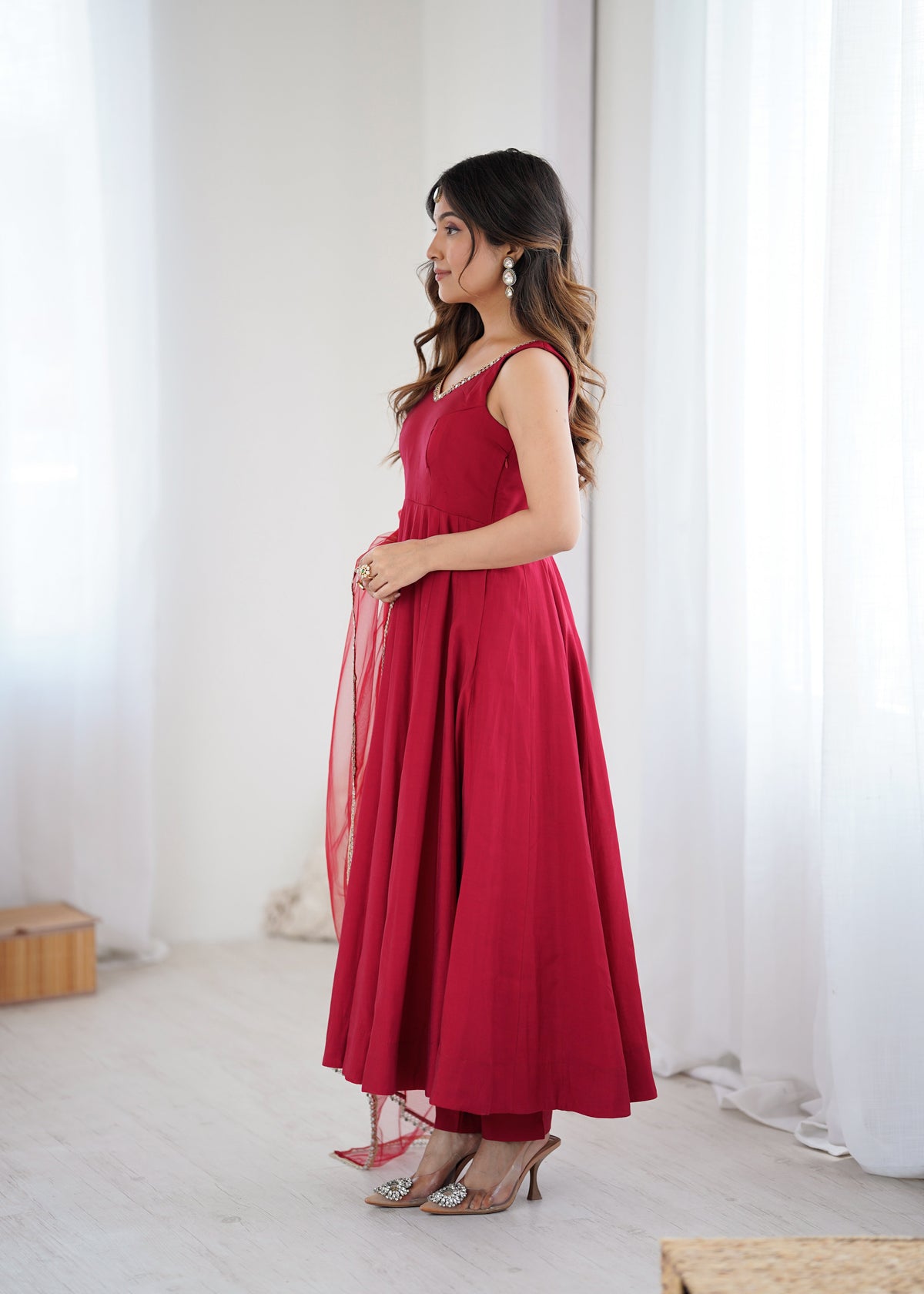 Kishika Maroon Color Anarkali Suit Set [Sleeves Fabric Attached]