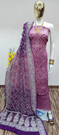 Modal Ghazi Silk Barik Bandhej Work Authentic Gujarati Bandhani Dress Material (Unstitched)