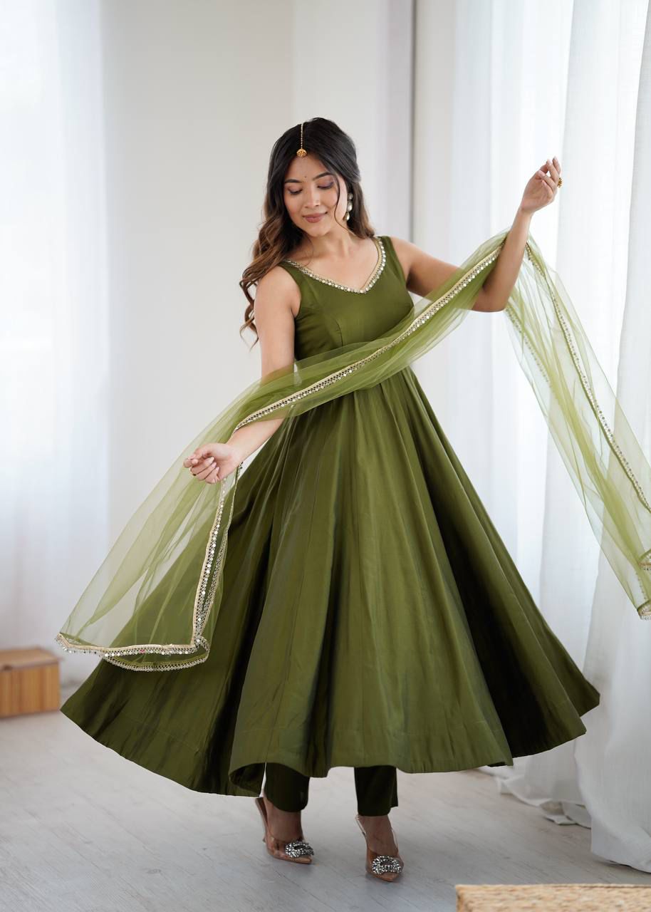 Kiyara Mahendi Color Anarkali Suit Set [Sleeves Fabric Attached]