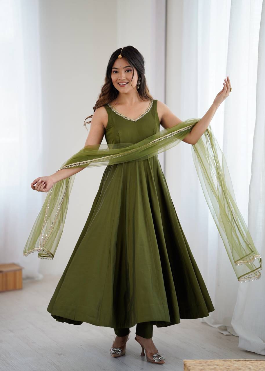 Kiyara Mahendi Color Anarkali Suit Set [Sleeves Fabric Attached]