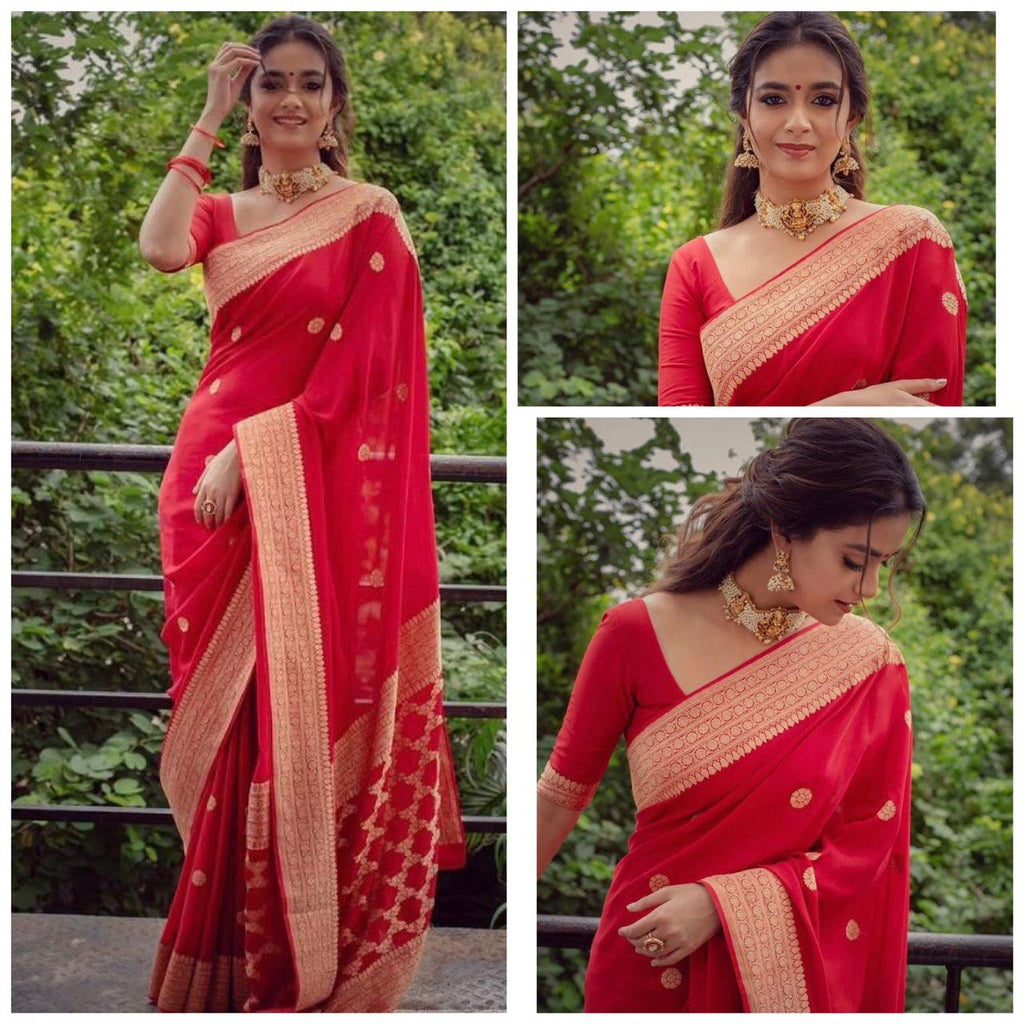 Red Kanjivaram Jacquard Silk Saree with Blouse