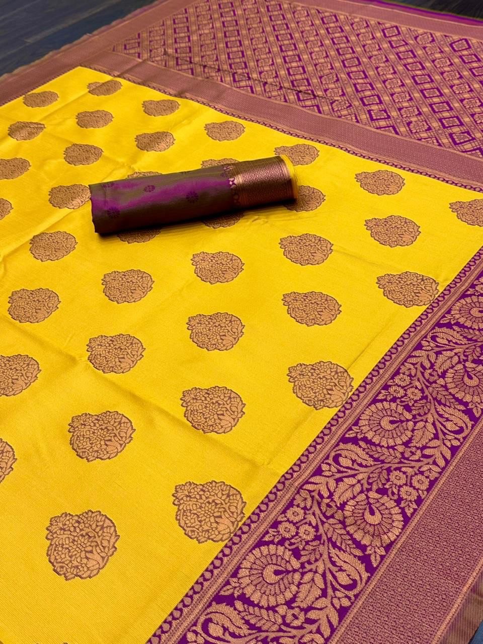 Yellow Kadwa Weave Lichi Silk Saree for Women